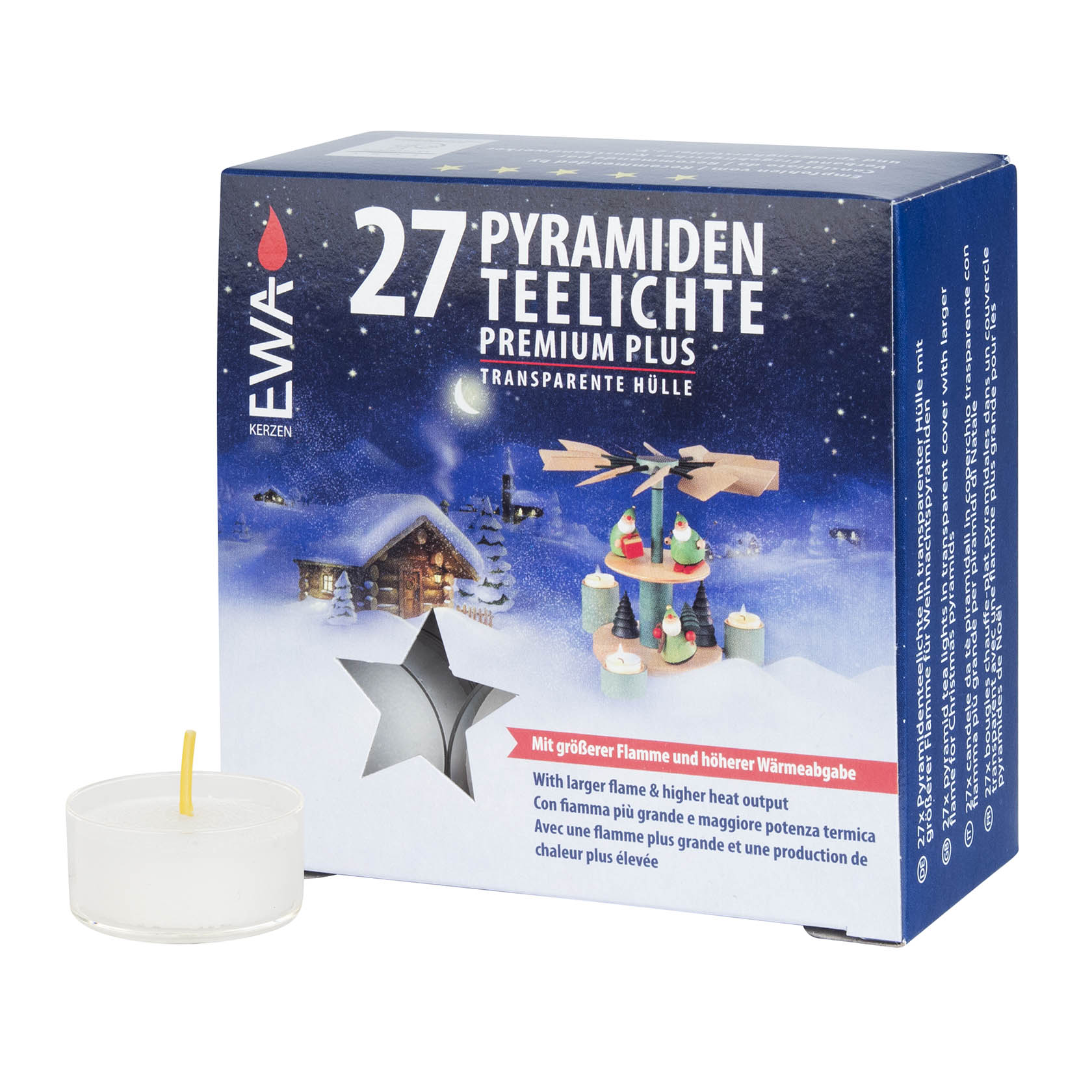 Packung mit 27 Jeka Pyramidenteelichtern in transparenter Acrylhülle, im Vordergrund weihnachtliche Grafiken mit Häusern und Bäumen. im Dregeno Online Shop günstig kaufen