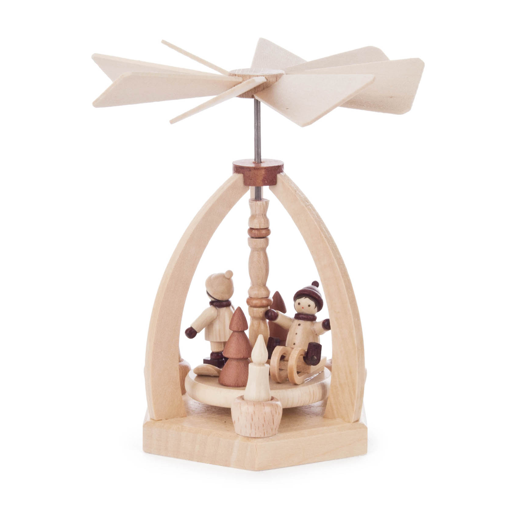 Holzpyramide mit zwei geschnitzten Winterkind-Figuren und kleinem Schneemann auf drehbarer Plattform, angetrieben durch Propeller oben. im Dregeno Online Shop günstig kaufen