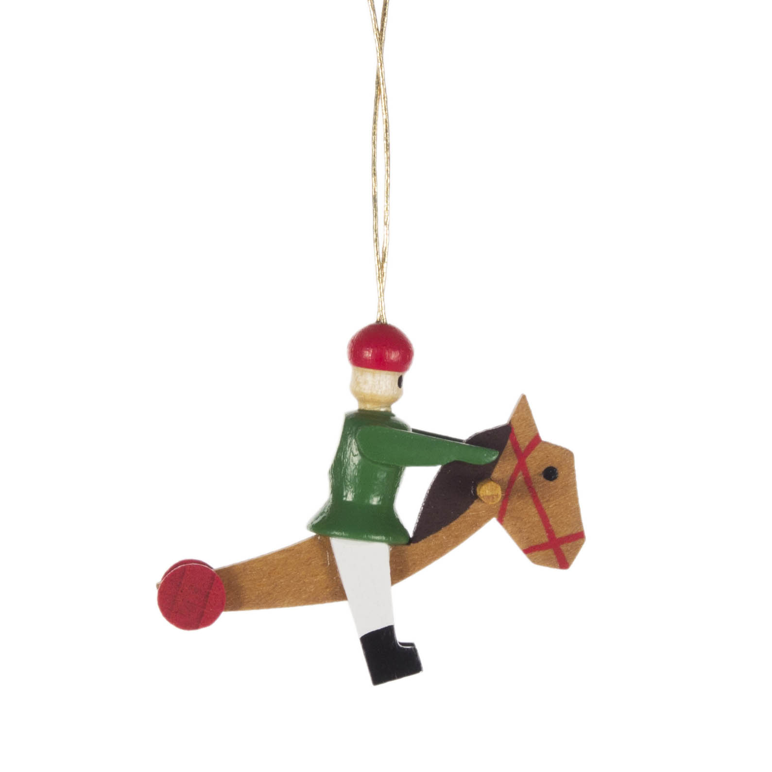 Weihnachtsbaumanhänger in Form eines Reiters in grünem Outfit auf einem Steckenpferd mit einer roten Kugel am Ende. Der Reiter trägt eine rote Mütze. im Dregeno Online Shop günstig kaufen