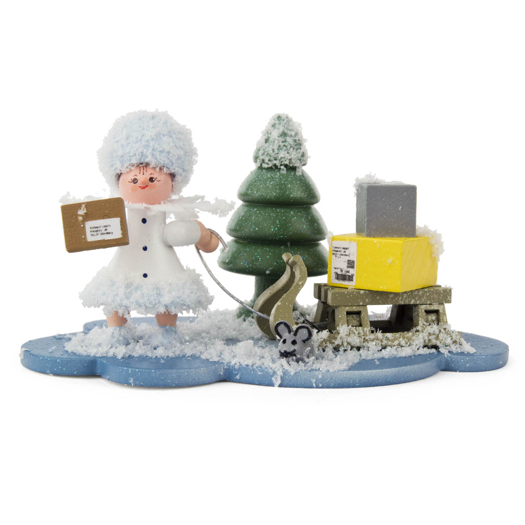 A small figurine of a snowflake parcel delivery person dressed in white with a fluffy blue hat, holding a package, and pulling a sled with parcels. im Dregeno Online Shop günstig kaufen
