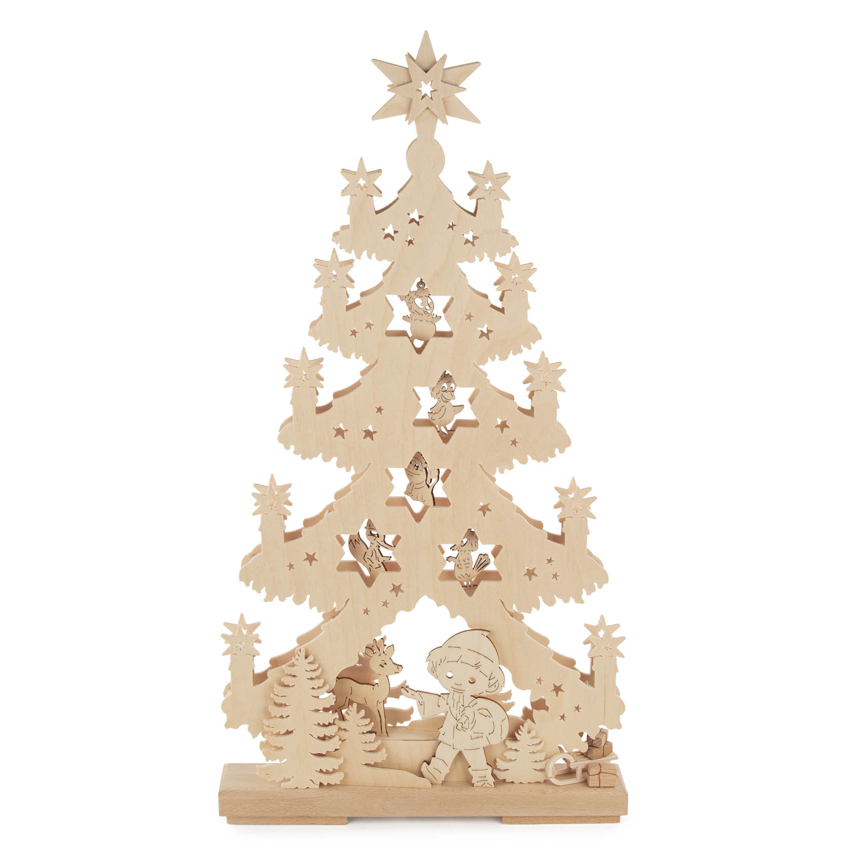 Wooden Christmas tree with cut-out stars, featuring Sandmännchen and animals, decorated with 10-piece LED lights, standing on a base. im Dregeno Online Shop günstig kaufen