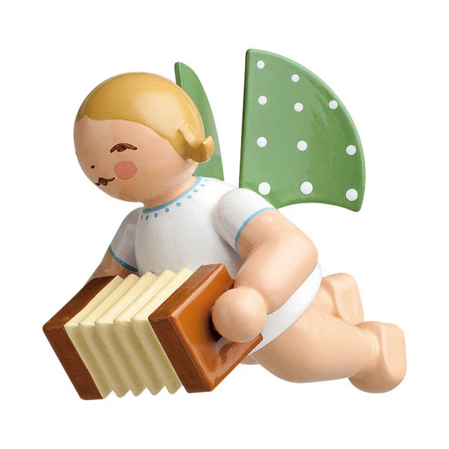 Schwebender Engel mit bleichen Flügeln, die mit weißen Punkten verziert sind, hält eine kleine Harmonika in beiden Händen. im Dregeno Online Shop günstig kaufen
