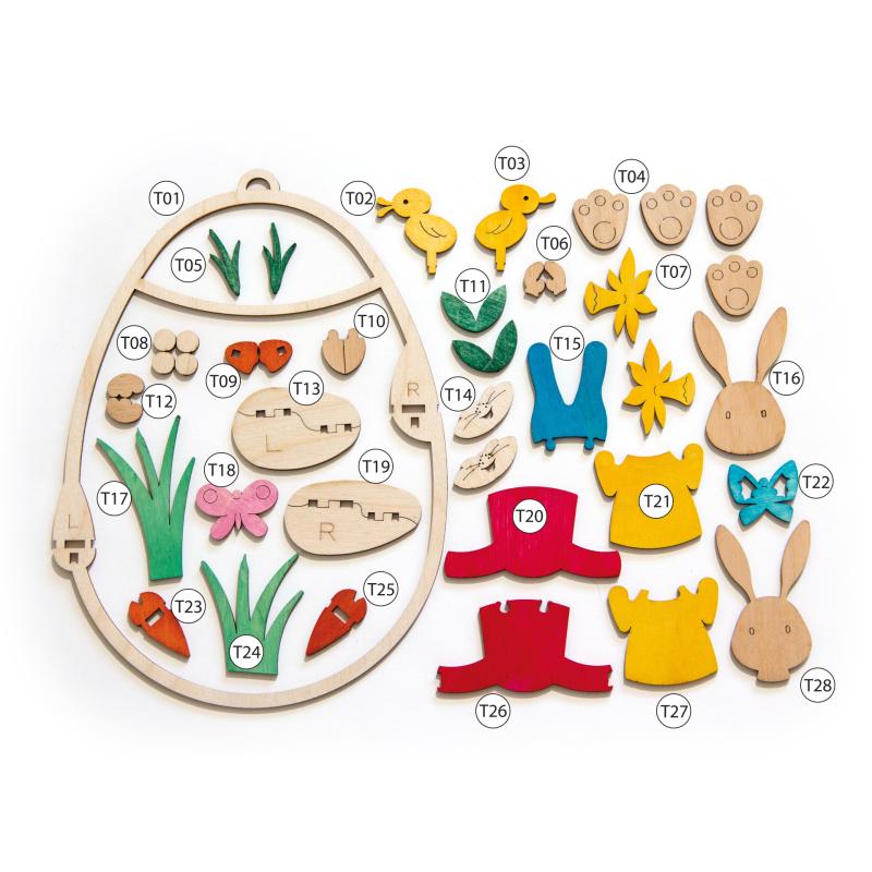 Craft set with various wooden pieces, including rabbit shapes, flowers, ducks, and eggs, to create a hanging window decoration.