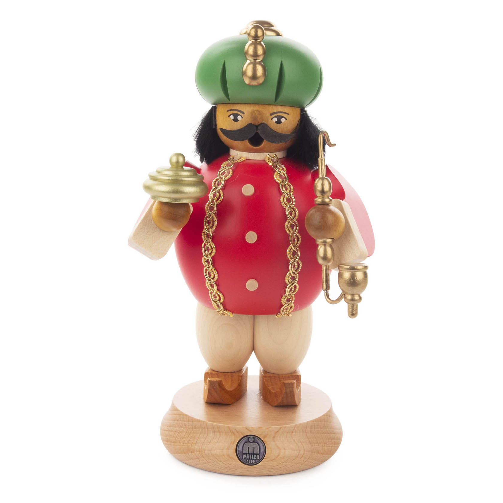 Räuchermann aus Holz in Form von Balthasar, einem der Heiligen Drei Könige, mit rotem Umhang, goldener Kette, grünem Turban und Pfeife. im Dregeno Online Shop günstig kaufen