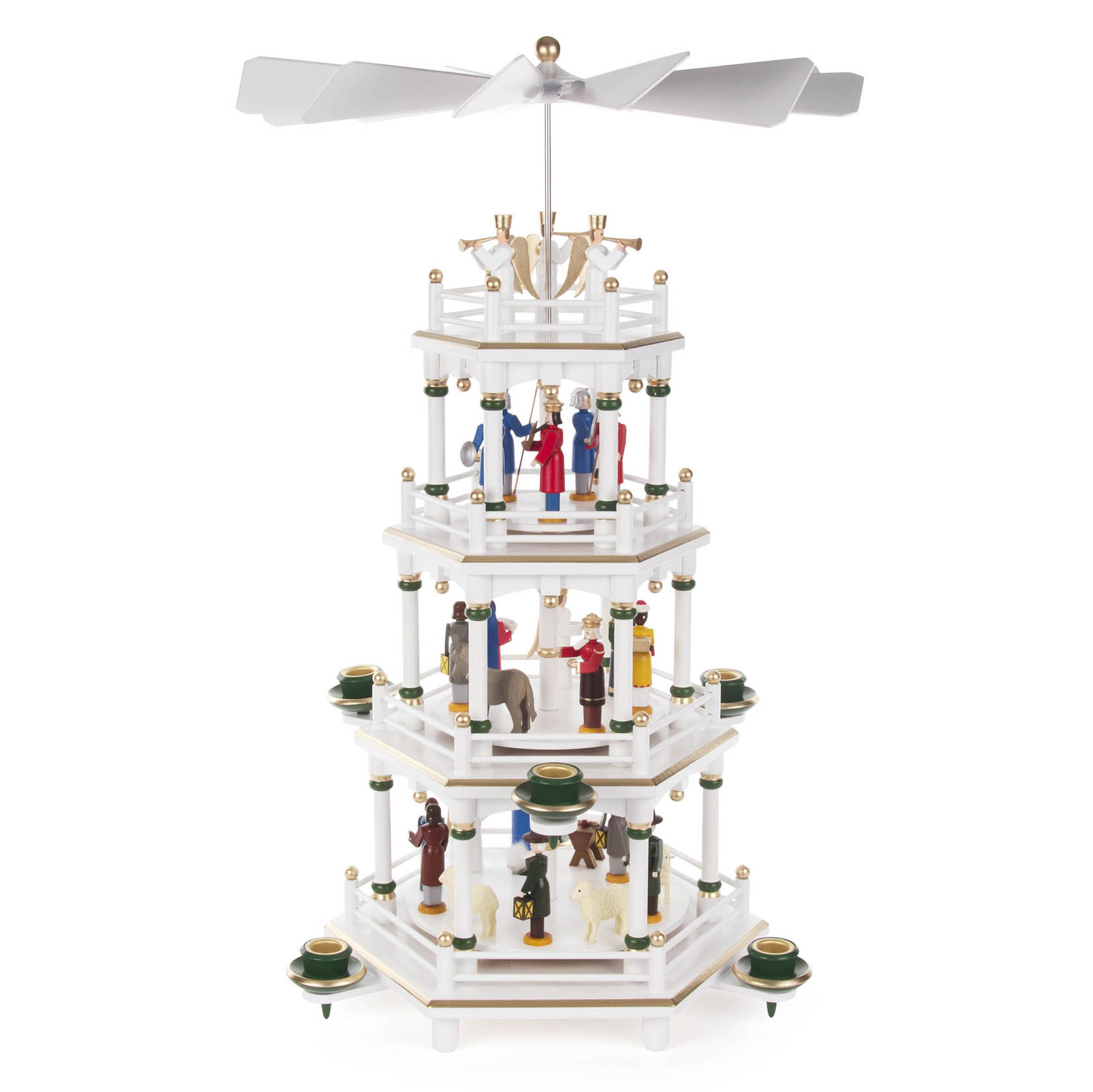Weiße, dreistöckige Weihnachtspyramide mit Figuren der Weihnachtsgeschichte, geeignet für 14mm Kerzen. im Dregeno Online Shop günstig kaufen