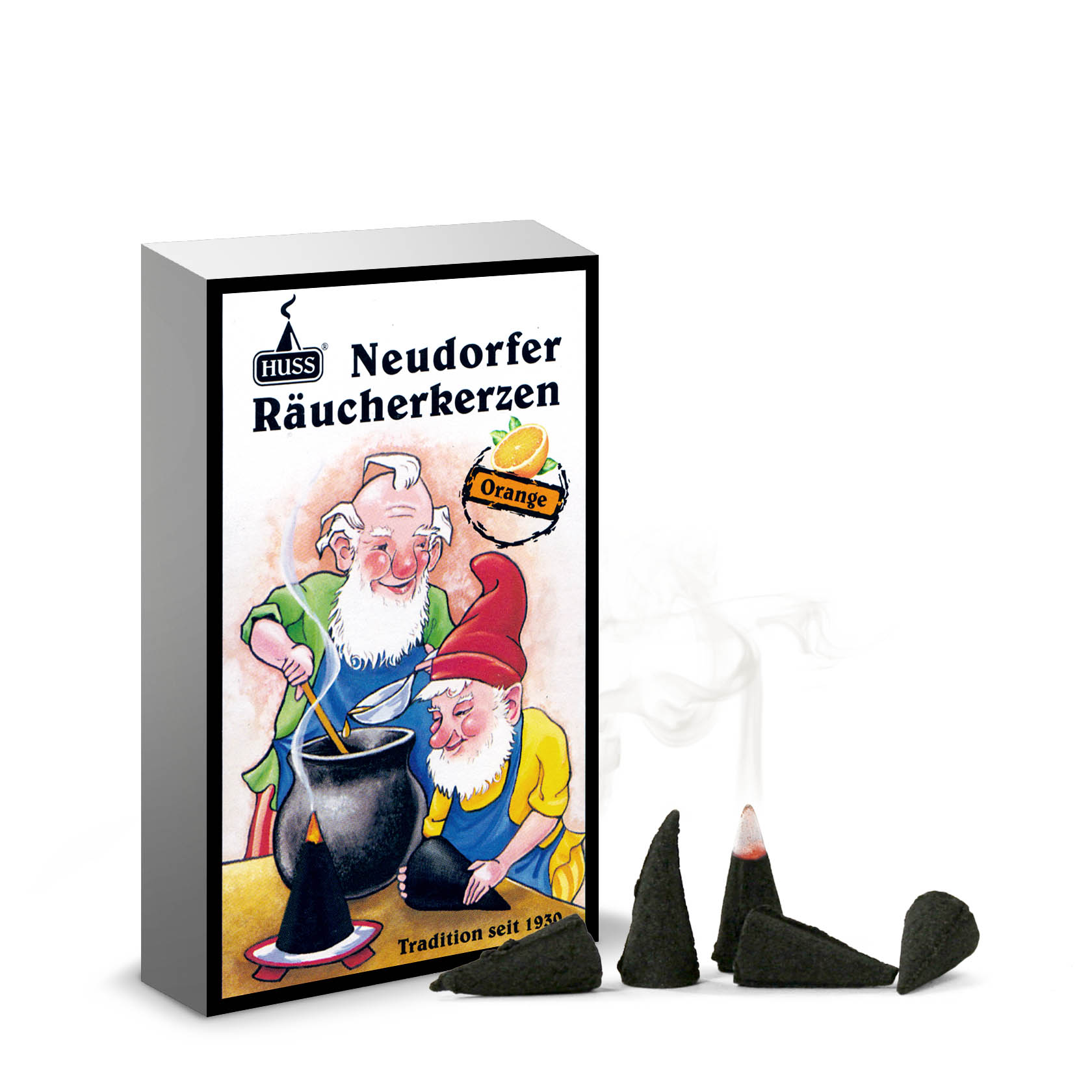 Box of Neudorfer Räucherkerzen with a cartoon gnome image, next to several lit black cone incense pieces emitting smoke. im Dregeno Online Shop günstig kaufen