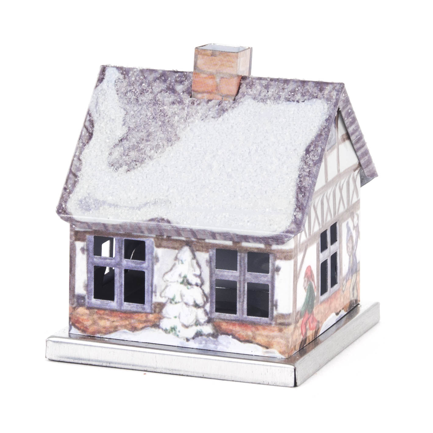 Metallräucherhaus im Winterdesign, mit schneebedecktem Dach und Fenstern sowie einem gemalten Weihnachtsmotiv an den Wänden. im Dregeno Online Shop günstig kaufen