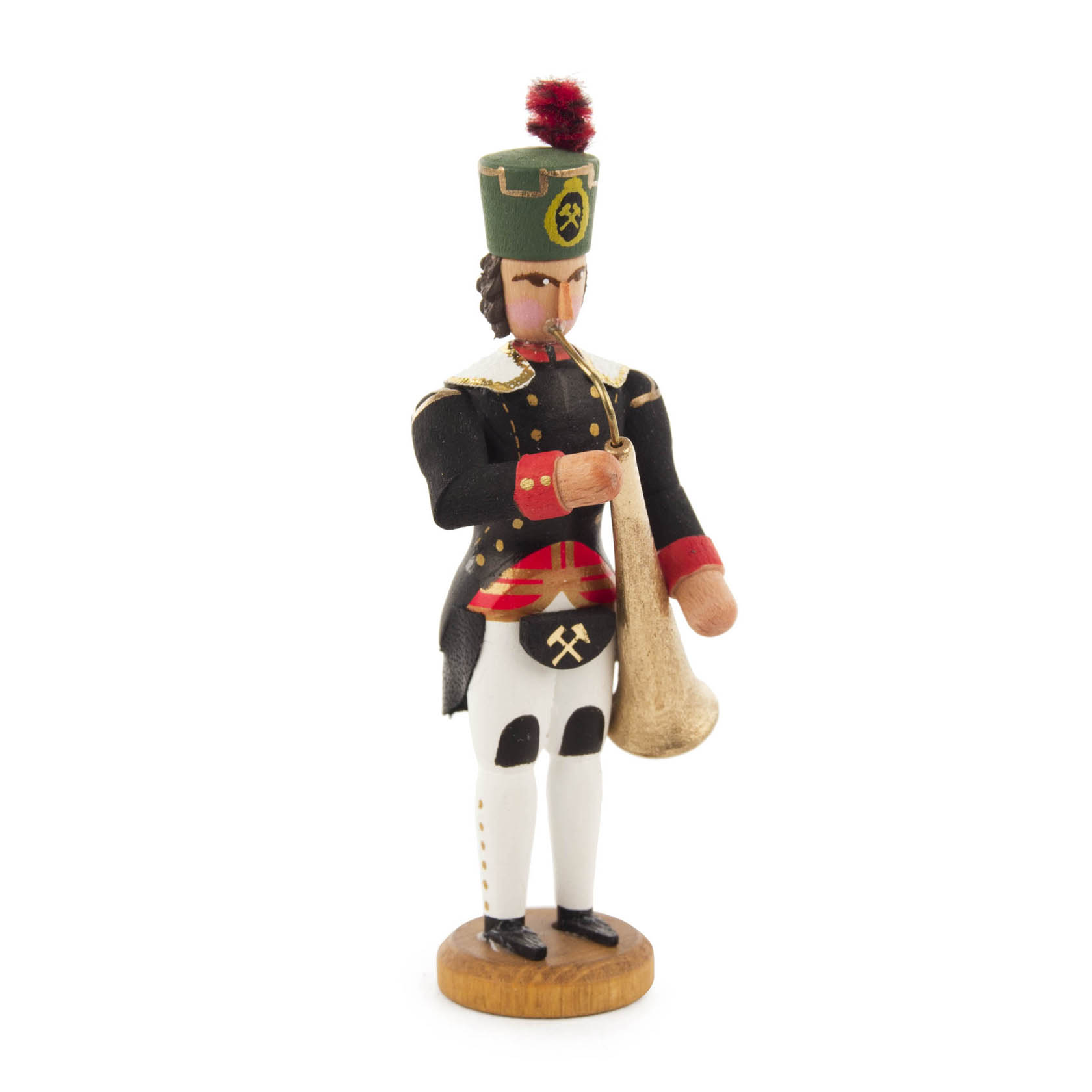 Holzfigur eines Bergmanns in traditioneller Uniform, schwarzer Hut mit rotem Bommel, spielt eine Tube. im Dregeno Online Shop günstig kaufen