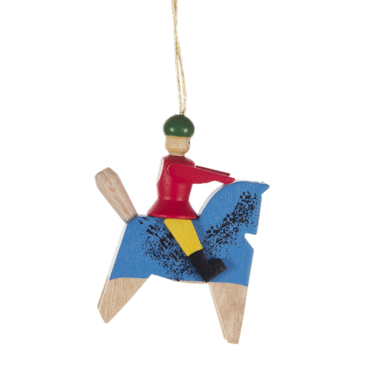 Holzanhänger eines blauen Pferds mit rotem Reiter, der eine grüne Mütze trägt. Das Pferd hat schwarze Muster und der Anhänger ist an einem goldenen Faden befestigt. im Dregeno Online Shop günstig kaufen