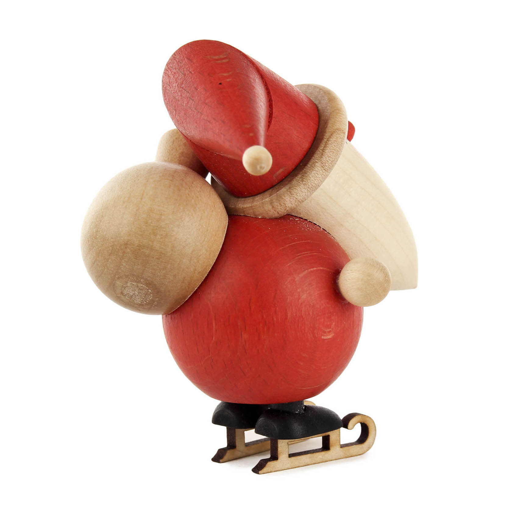 Holzfigur eines Weihnachtsmanns in rotem Mantel und Mütze, mit Bart und schwarzem Schlittschuhen, minimalistisch gestaltet.
