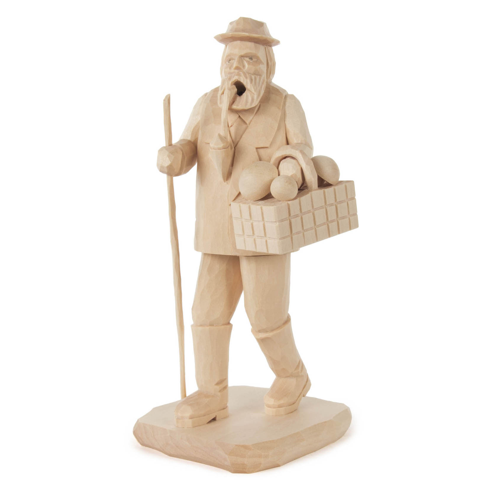 Holzgeschnitzter Räuchermann in Form eines Pilzsammlers, der einen Korb voller Pilze trägt und einen Gehstock hält. im Dregeno Online Shop günstig kaufen