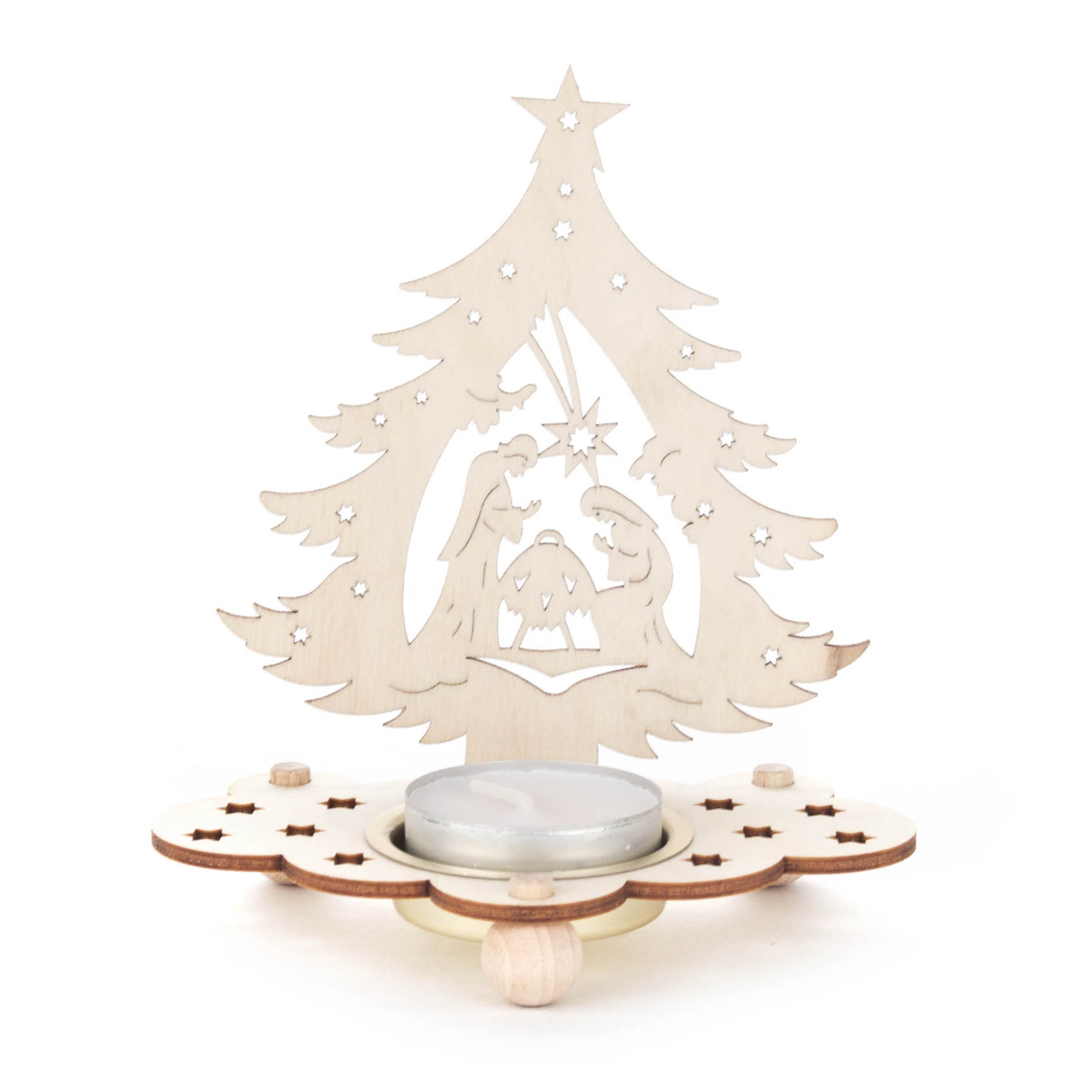 Holz-Teelichthalter in Form eines Weihnachtsbaums, ausgeschnitten mit der Szene der Geburt Christi, einschließlich Maria, Josef und Baby Jesus. im Dregeno Online Shop günstig kaufen
