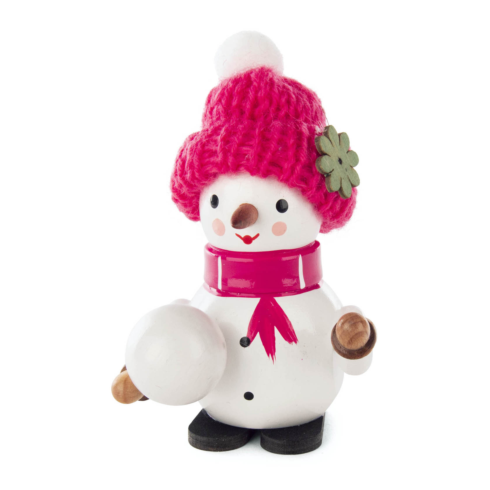 Eine lächelnde Schneefrau namens Emma, die einen pinken Strickhut mit Blume trägt und einen Schneeball hält. im Dregeno Online Shop günstig kaufen