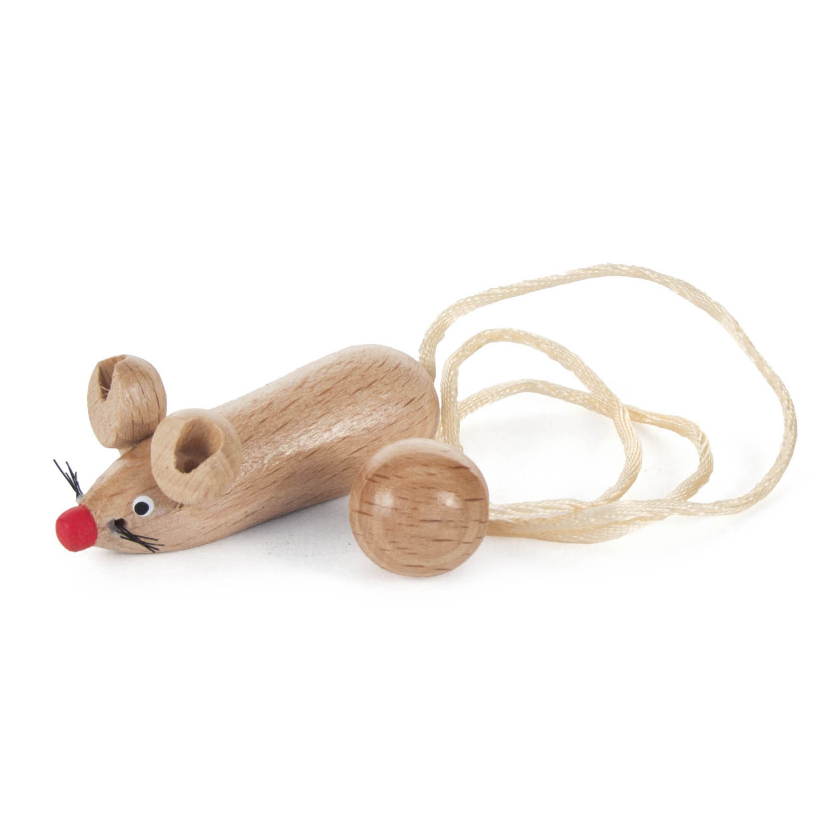 Holzspielzeug-Maus mit roten Nase, großen Ohren und langer Schnur, die als Schwanz dient. im Dregeno Online Shop günstig kaufen