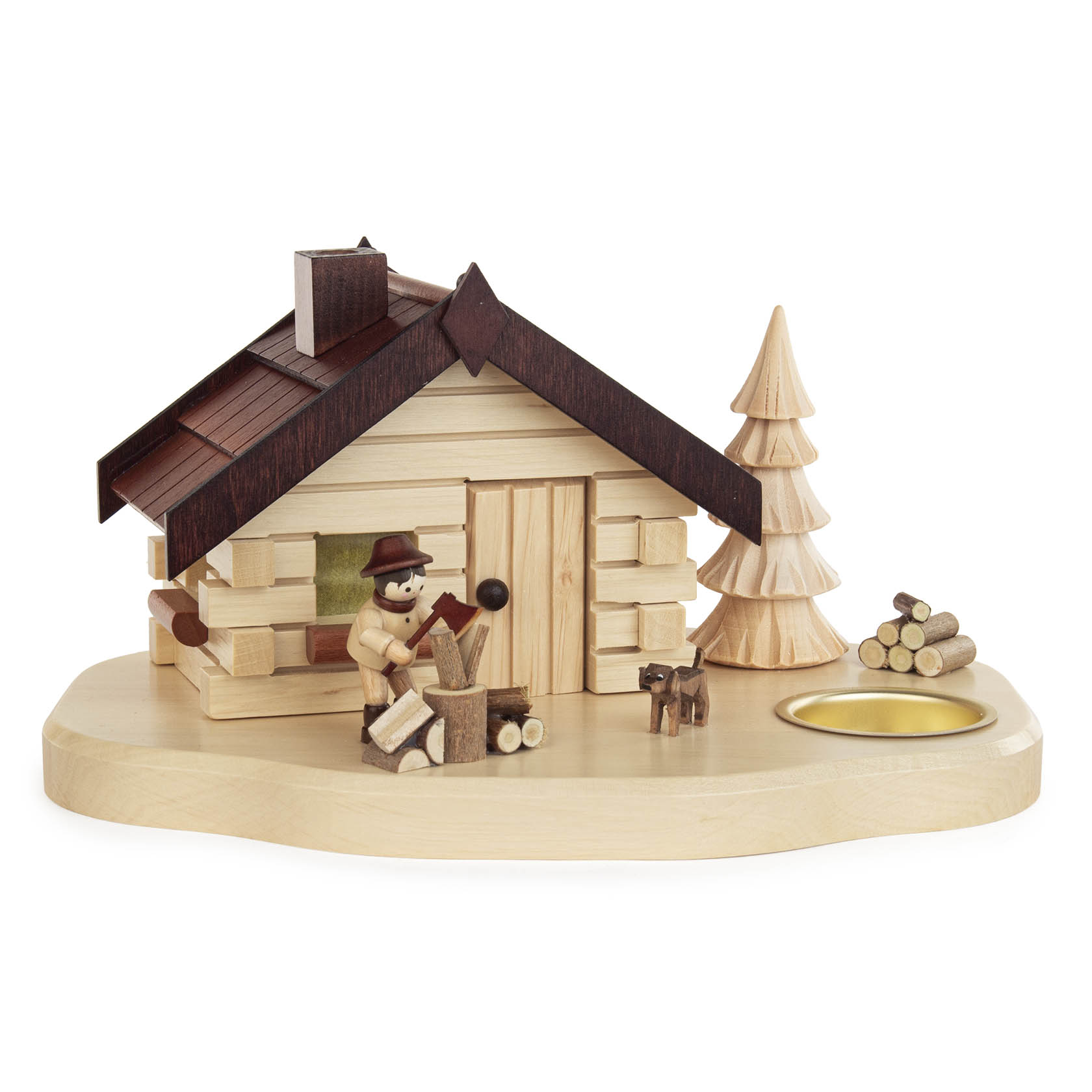 Holzhütte mit einem Holzhacker, Holztieren und Holzscheiten. Ein Platz für ein Teelicht ist in der Holzbasis integriert. im Dregeno Online Shop günstig kaufen