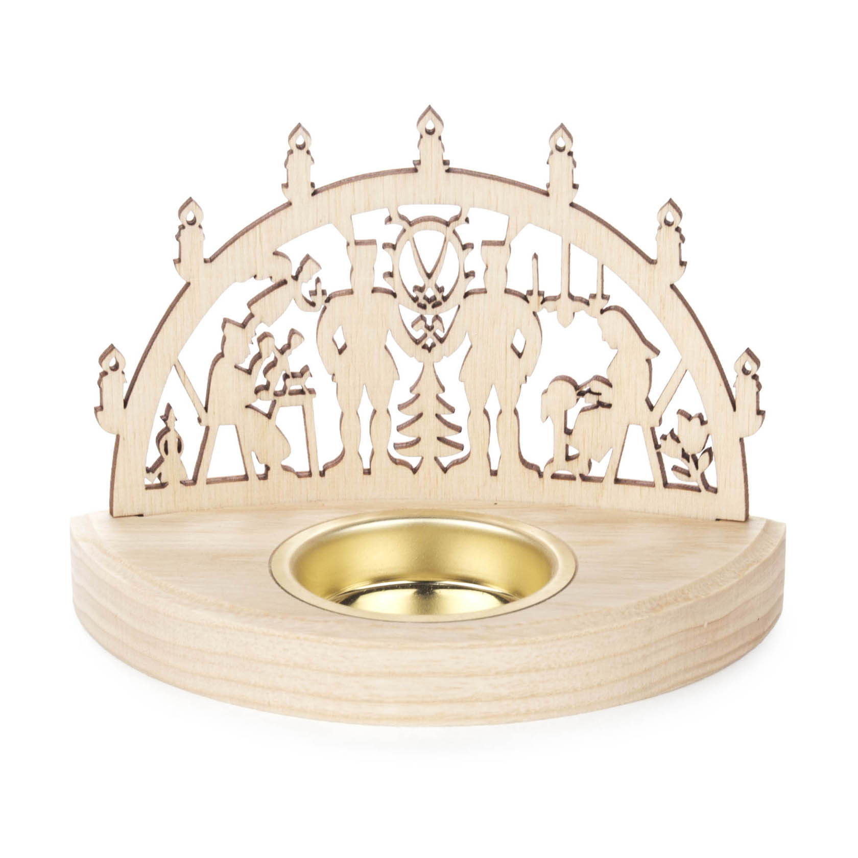 Holz-Teelichthalter mit traditioneller erzgebirgischer Schnitzerei, zeigt eine Szene mit Bergmann, Holzfäller und einem Weihnachtsbaum in der Mitte. im Dregeno Online Shop günstig kaufen