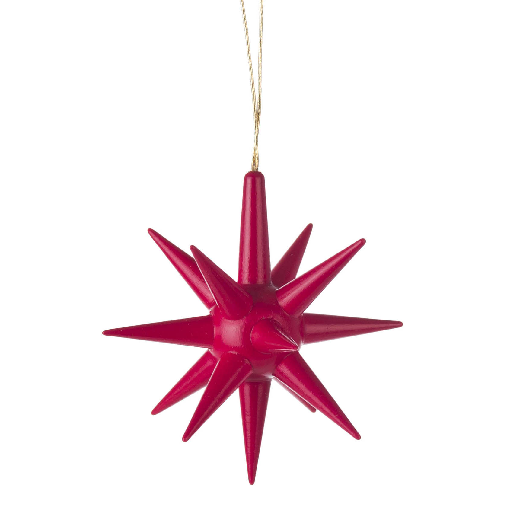 A red star-shaped ornament with multiple points, hanging from a thin gold string against a white background.