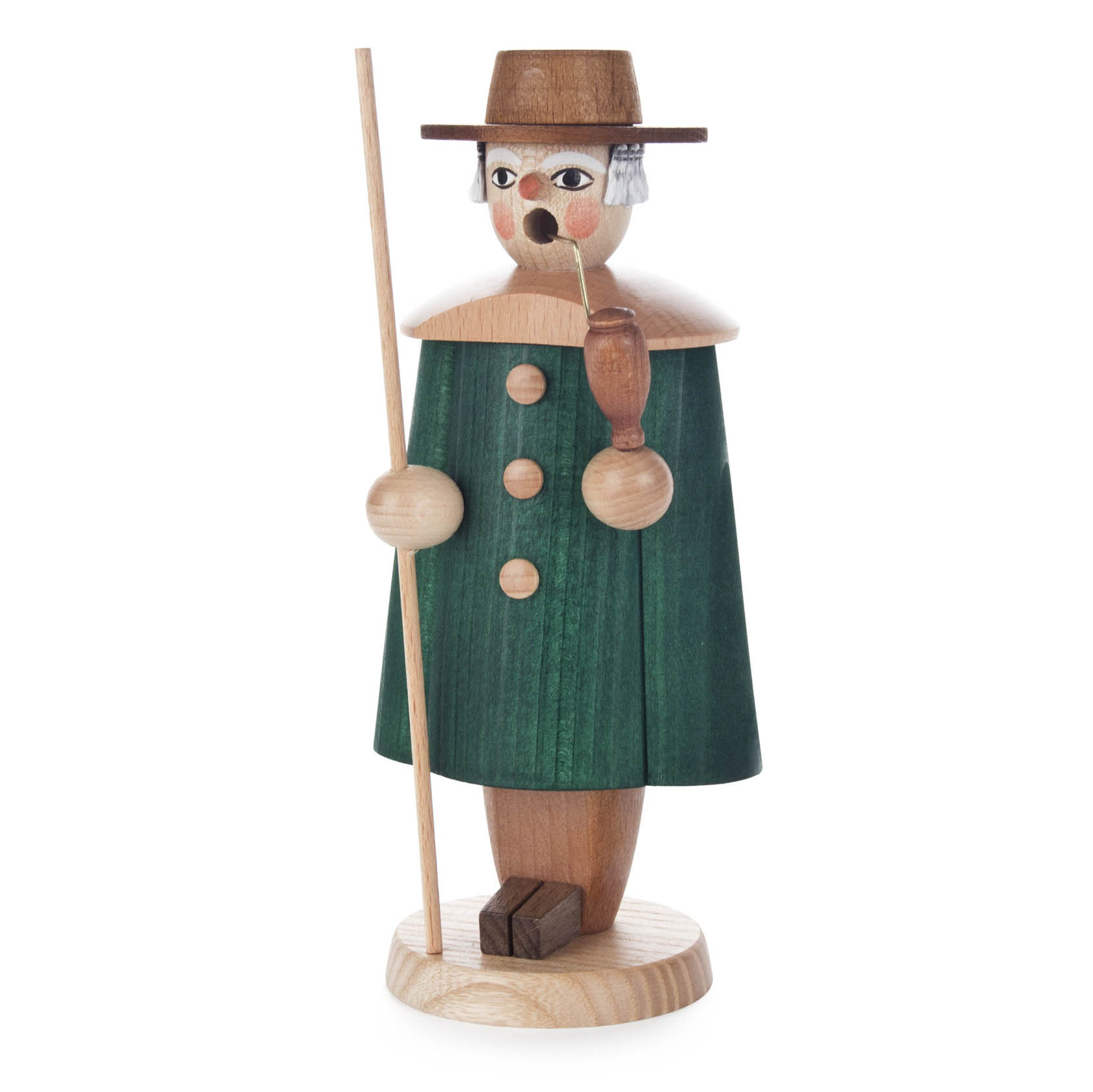 Colorful small incense smoker figurine of a shepherd with a green cloak, holding a staff and a pipe. im Dregeno Online Shop günstig kaufen