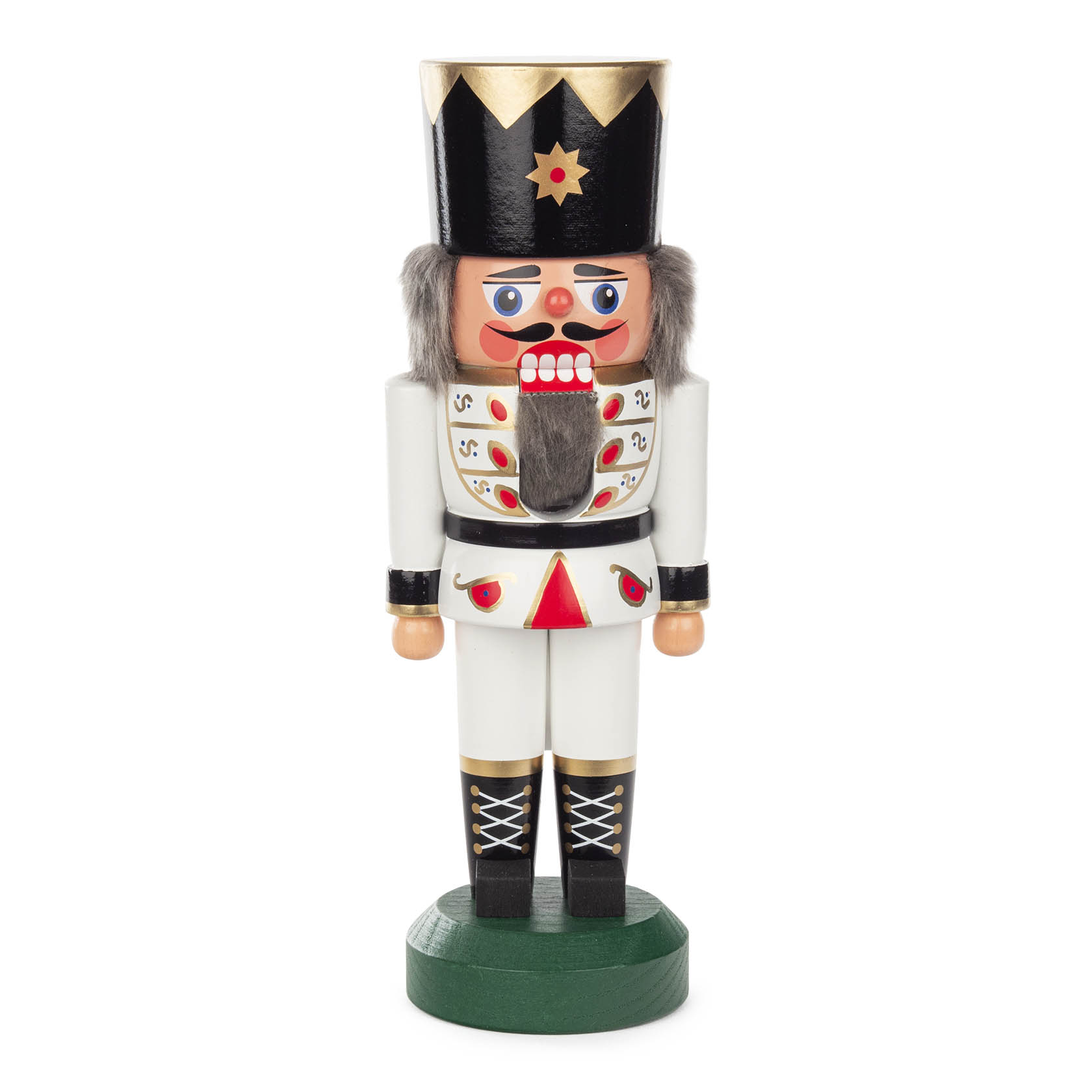 White nutcracker king figure with a crown, 22cm tall, dressed in a white uniform with red and gold details, black boots, and a bushy mustache. im Dregeno Online Shop günstig kaufen