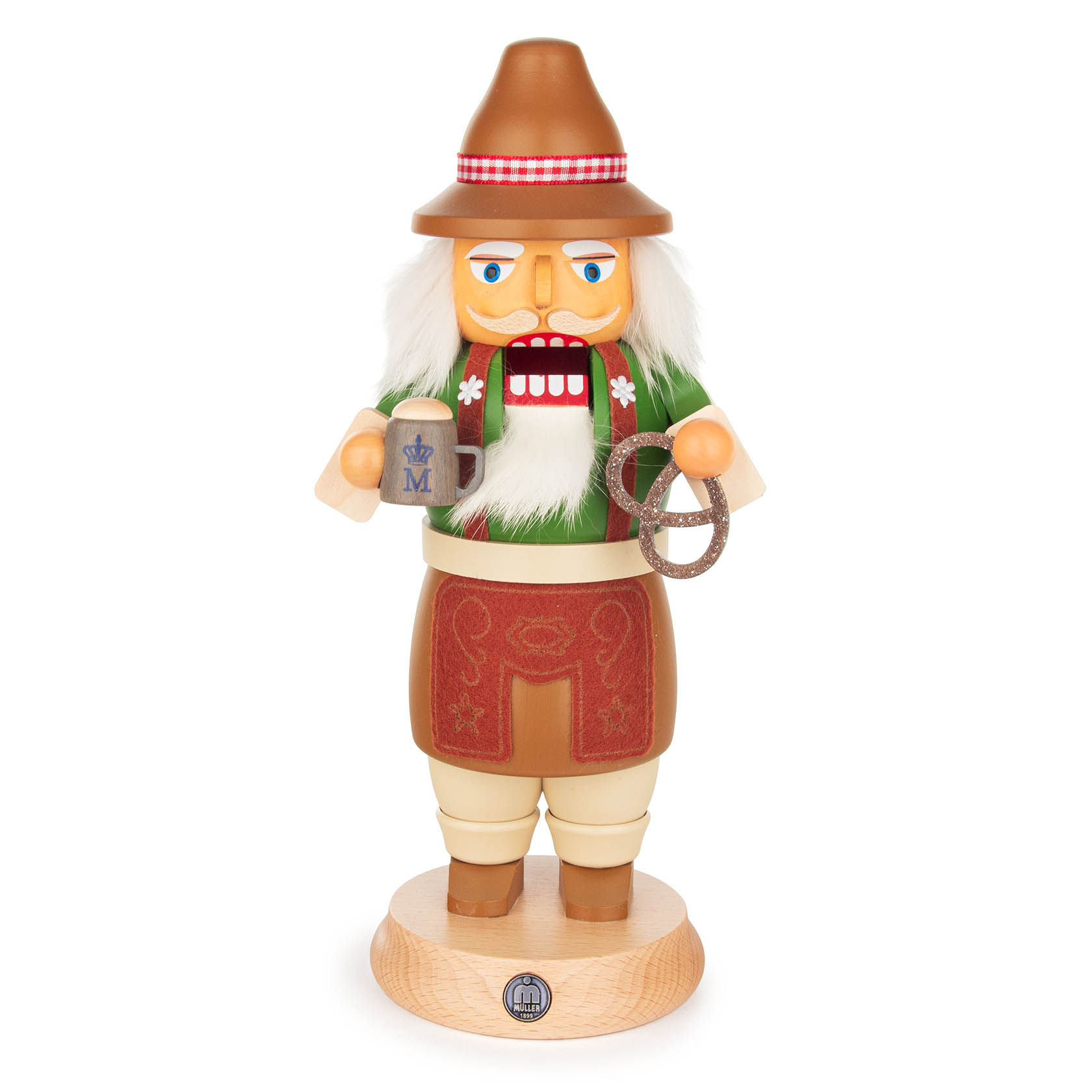 Traditional Bavarian nutcracker with a pipe, styled in Lederhosen, holding a beer mug and pretzel, standing on a wooden base. im Dregeno Online Shop günstig kaufen