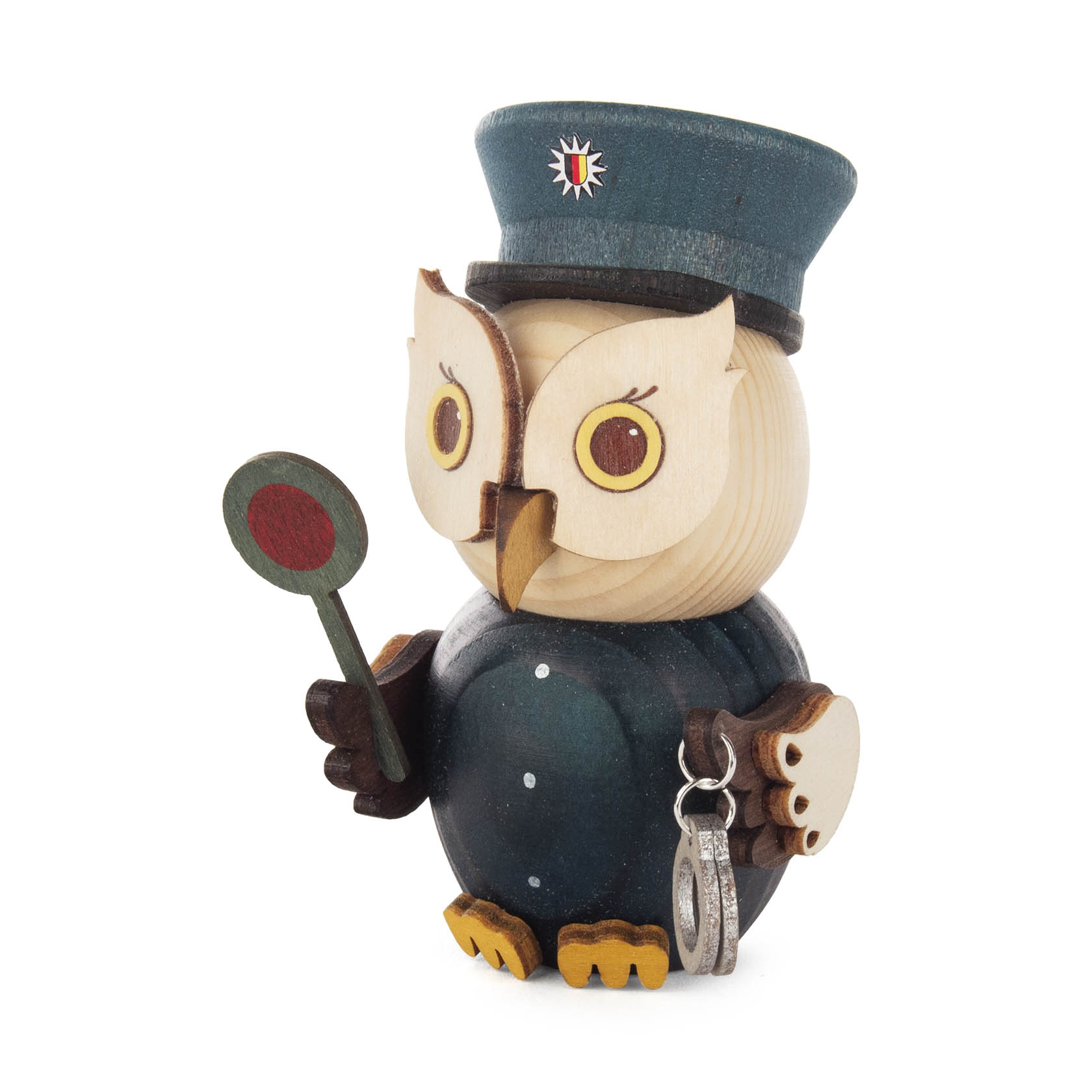 Eine Miniatur-Holzeule in einer Polizeiuniform mit Mütze, die eine rot-grüne Kelle in der Hand hält und Handschellen an der Seite trägt. im Dregeno Online Shop günstig kaufen