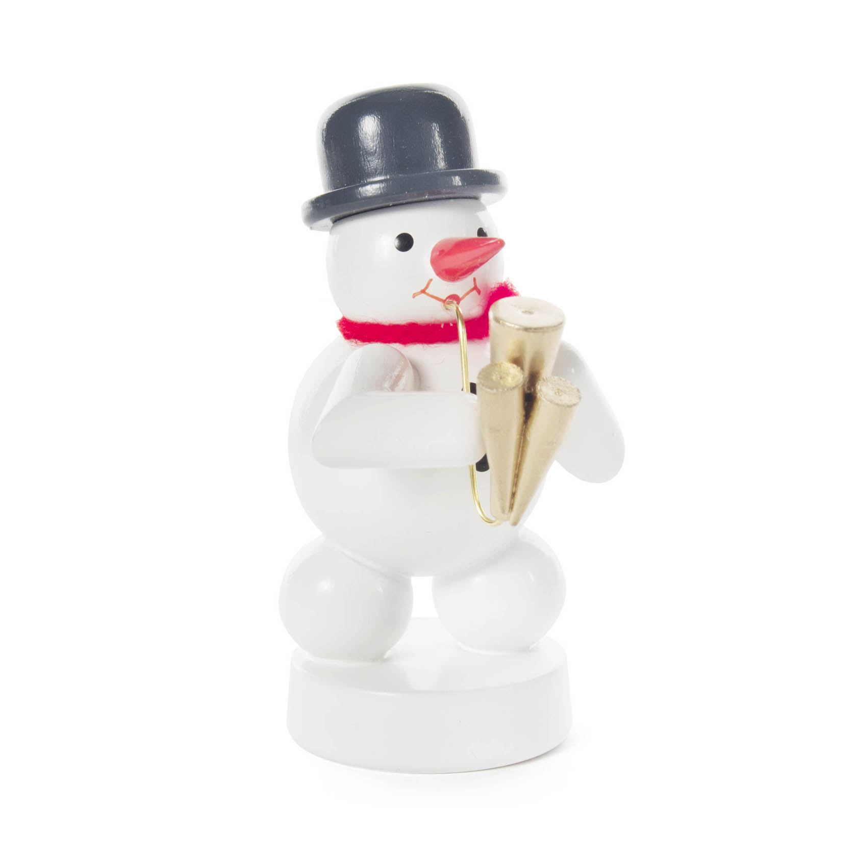 A ceramic snowman figurine wearing a black top hat and a red scarf, playing a golden shawm. im Dregeno Online Shop günstig kaufen