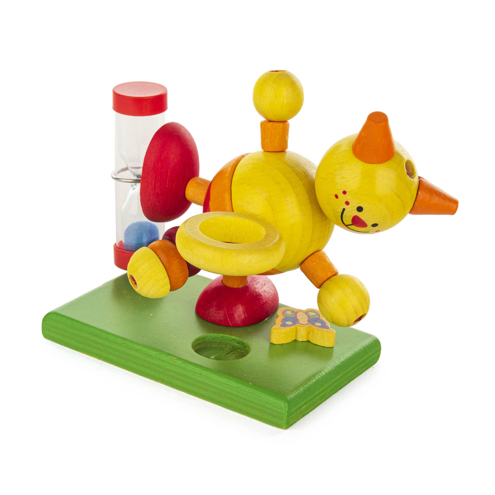 Bunte Sanduhr in Form einer spielenden Katze auf einem grünen Sockel. Die Katze ist aus Holz mit gelbem Körper, roten Ohren und Beinen. im Dregeno Online Shop günstig kaufen