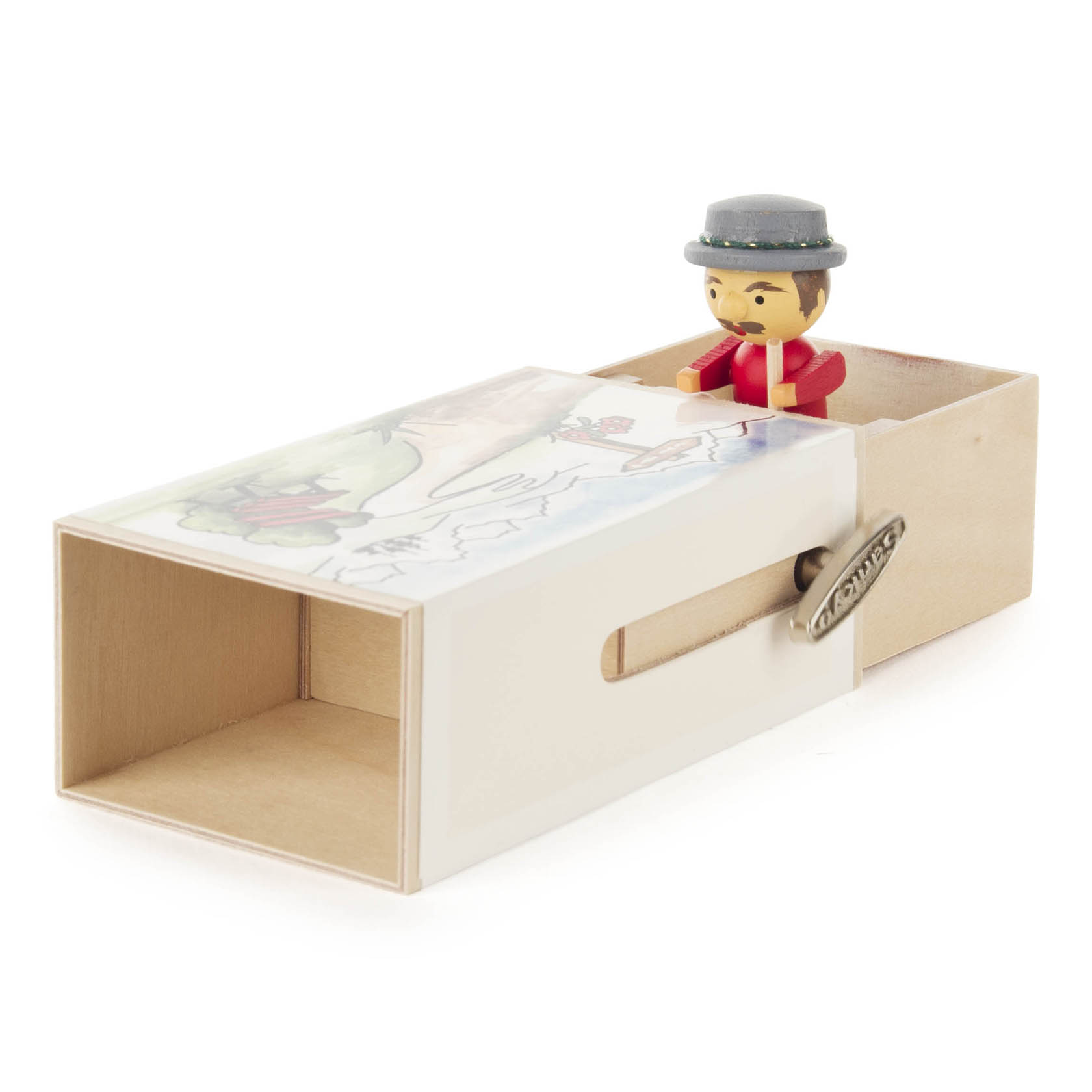 Holzschiebebox mit einem Schiebedeckel, auf dem ein Bergsteiger in traditioneller Tracht sitzt. Die Box spielt die Melodie 'Edelweiß'.