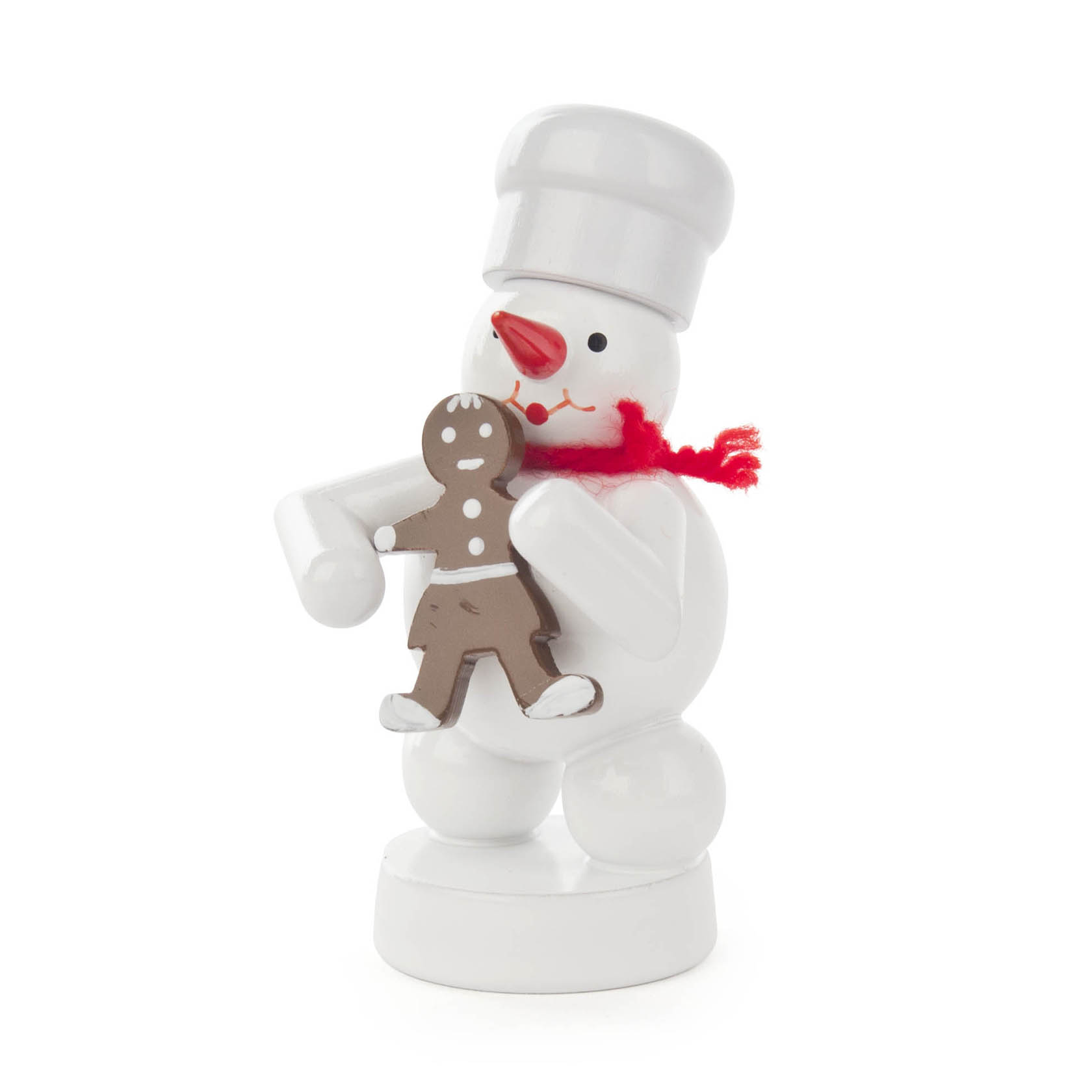 Ein Schneemann mit weißer Backmütze und rotem Schal hält eine Pfefferkuchenfrau in der Hand. im Dregeno Online Shop günstig kaufen