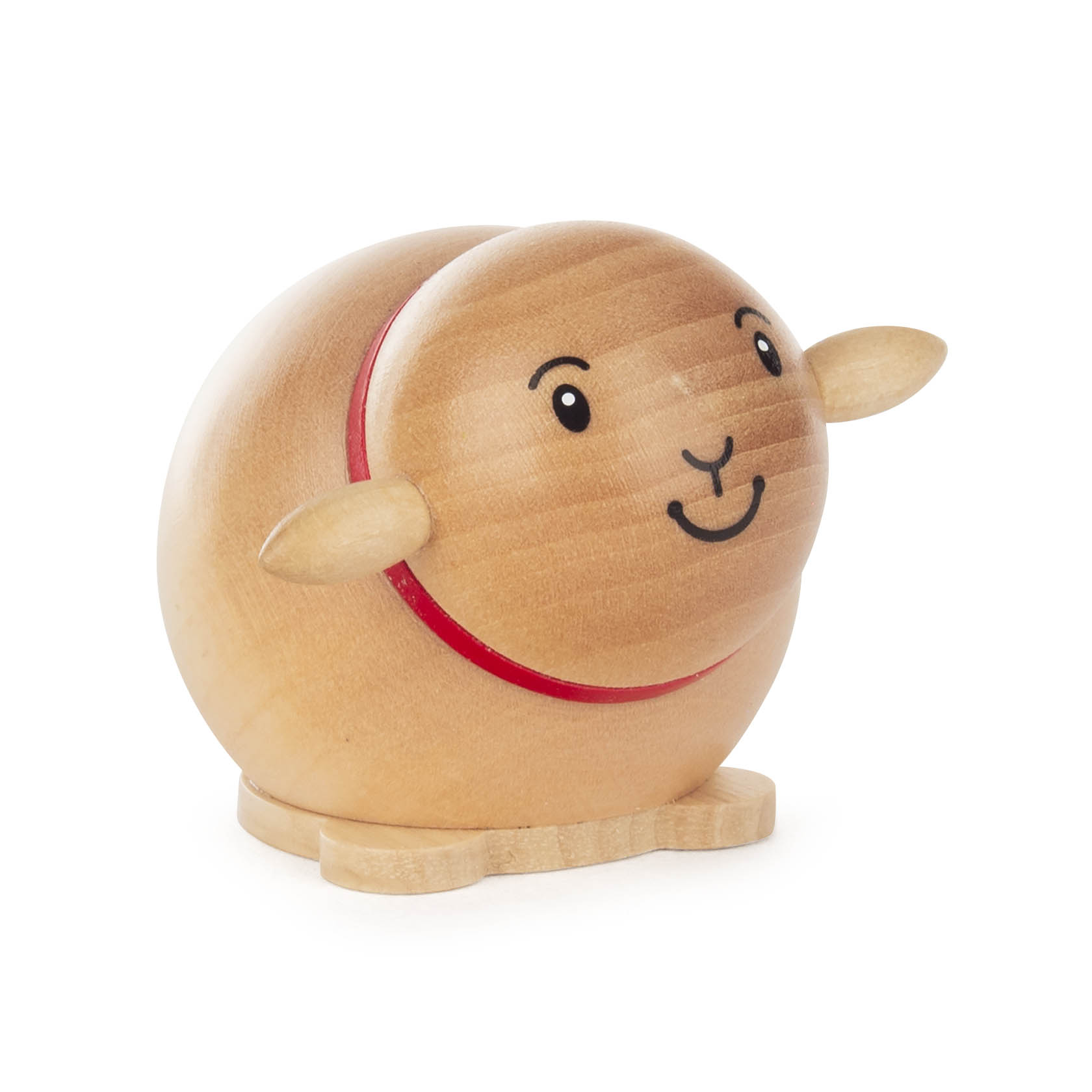 Holzfigur eines runden Schafs mit roten Halsband und freundlichem Gesicht, stilisierte Ohren. Füße ragen nach außen. im Dregeno Online Shop günstig kaufen