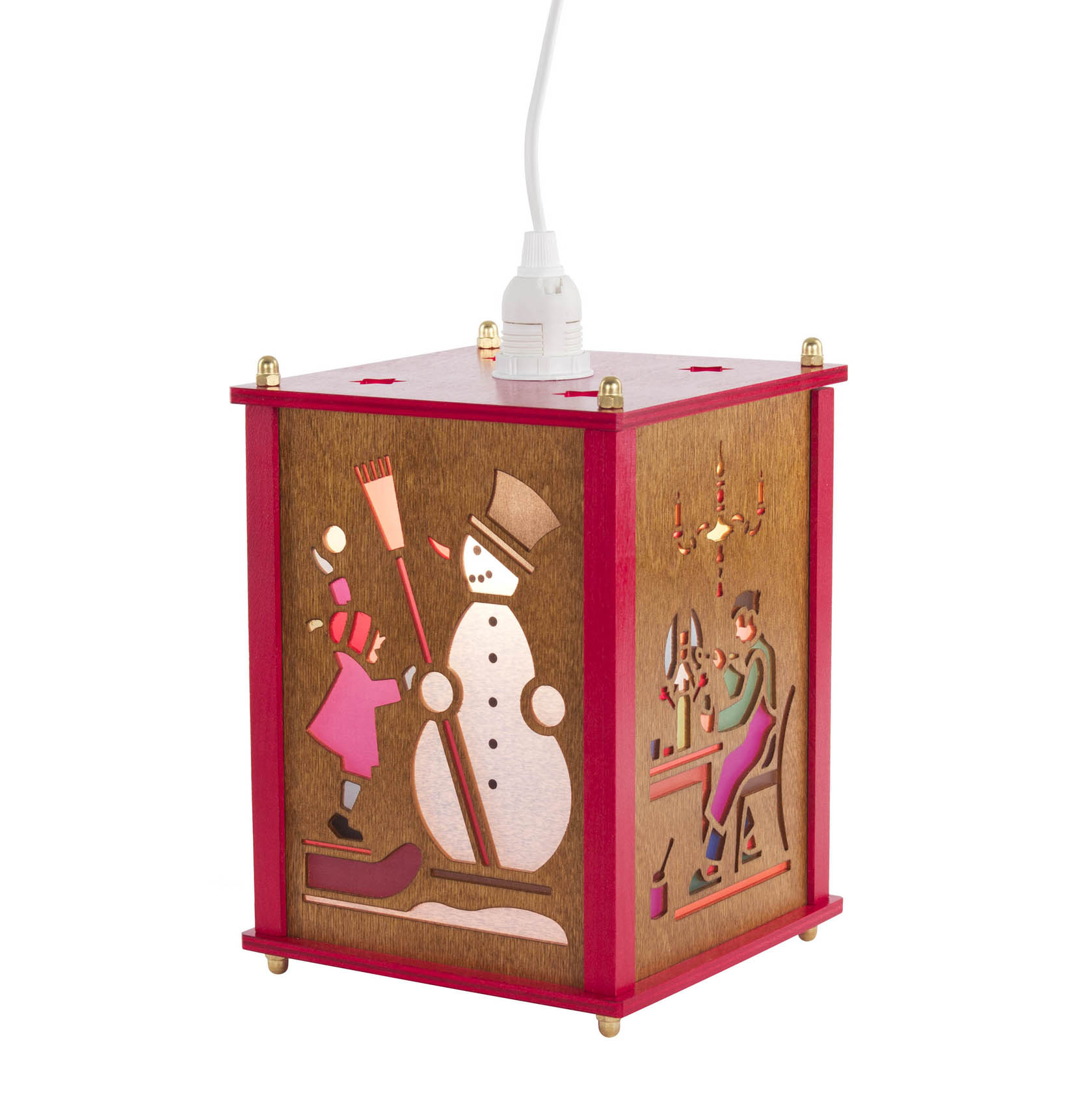 Holzlaterne mit geschnitzten Szenen: Weihnachtsmann, Schneemann und Spielzeugmacher. Laterne hat elektrische Beleuchtung. im Dregeno Online Shop günstig kaufen