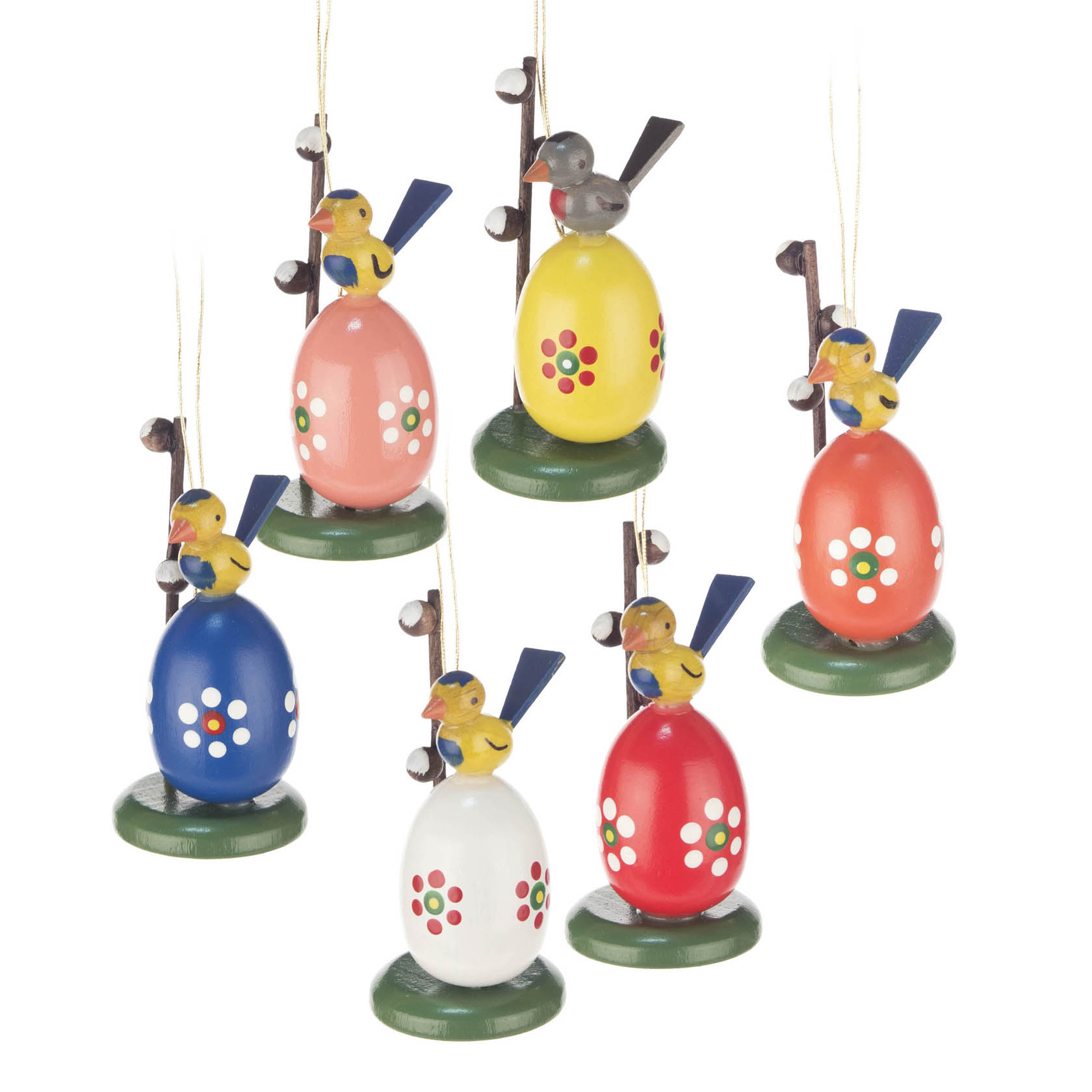 Sechs bunte Ostereier mit Blumenmuster und kleinen Vögeln aus Holz verziert. im Dregeno Online Shop günstig kaufen