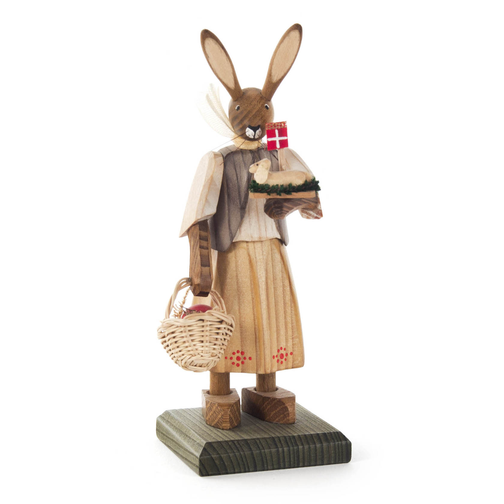 Holzfigur eines Hasenmädchens mit langen Ohren, das ein Osterlamm und einen kleinen Korb hält. im Dregeno Online Shop günstig kaufen