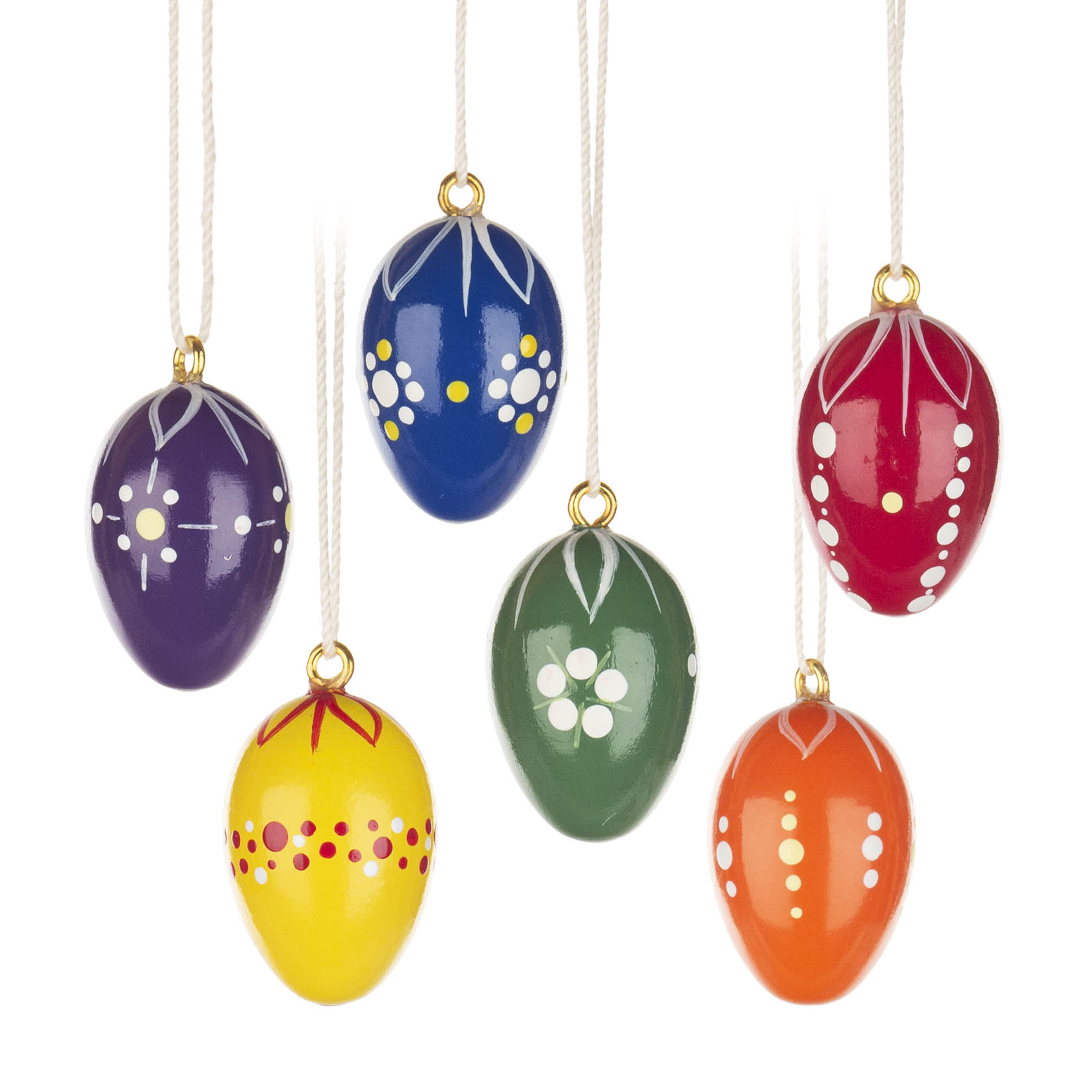 Fünf bunte Ostereier hängen an Fäden. Die Eier sind lila, blau, rot, gelb und grün und besitzen weiße und rote Muster. im Dregeno Online Shop günstig kaufen