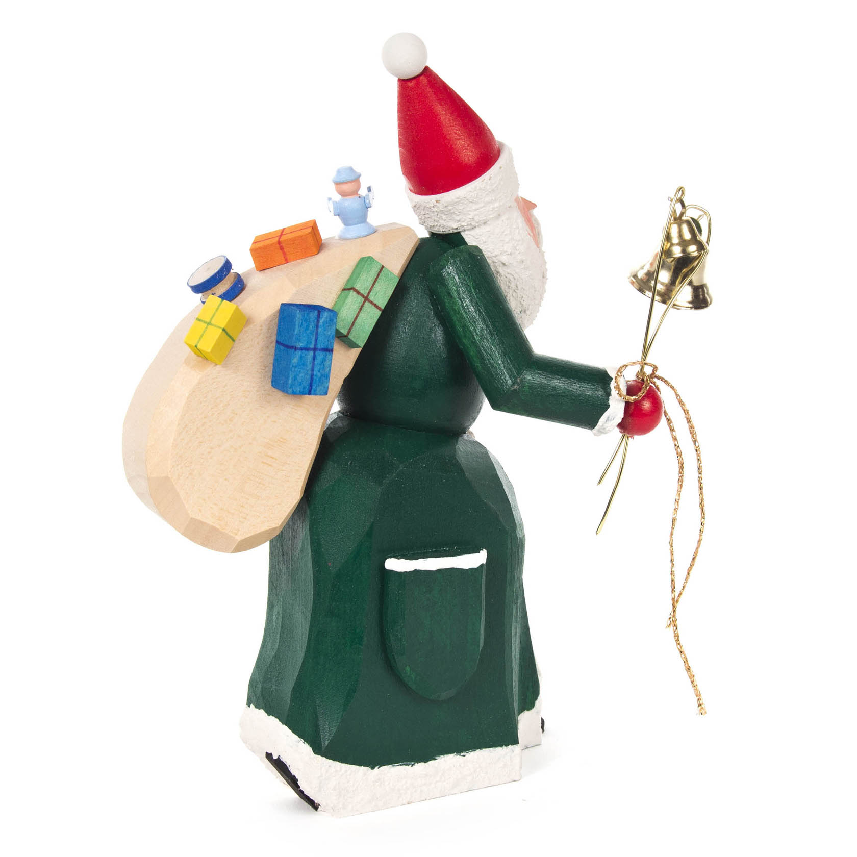 Grüner geschnitzter Weihnachtsmann mit roter Mütze, der einen Sack voller bunter Geschenke auf dem Rücken trägt und in der rechten Hand goldene Glocken hält.