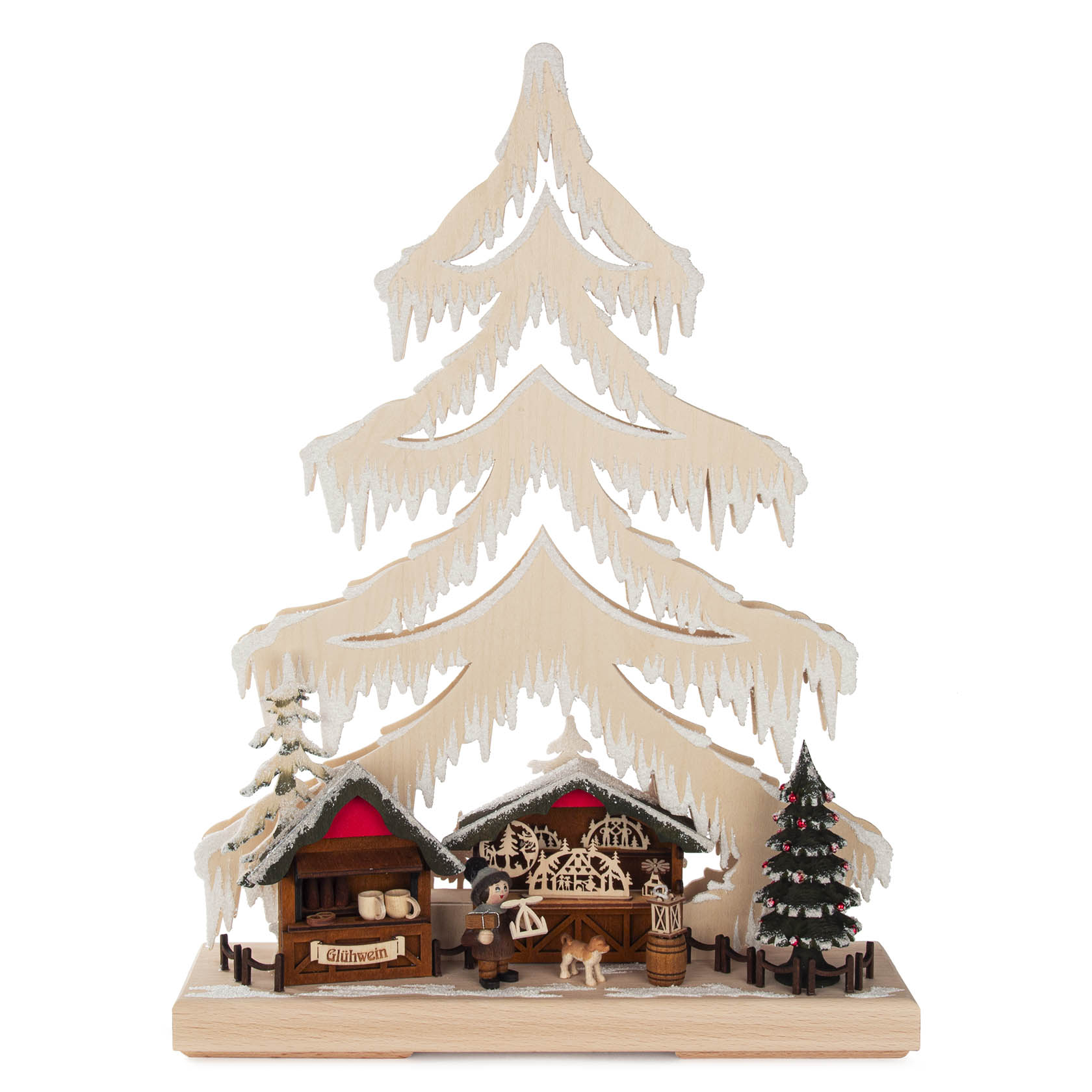 Kleiner Schwibbogen in Form einer Tanne mit zwei Weihnachtsmarktbuden und einem Tannenbaum, alles detailreich und dekorativ gestaltet. im Dregeno Online Shop günstig kaufen