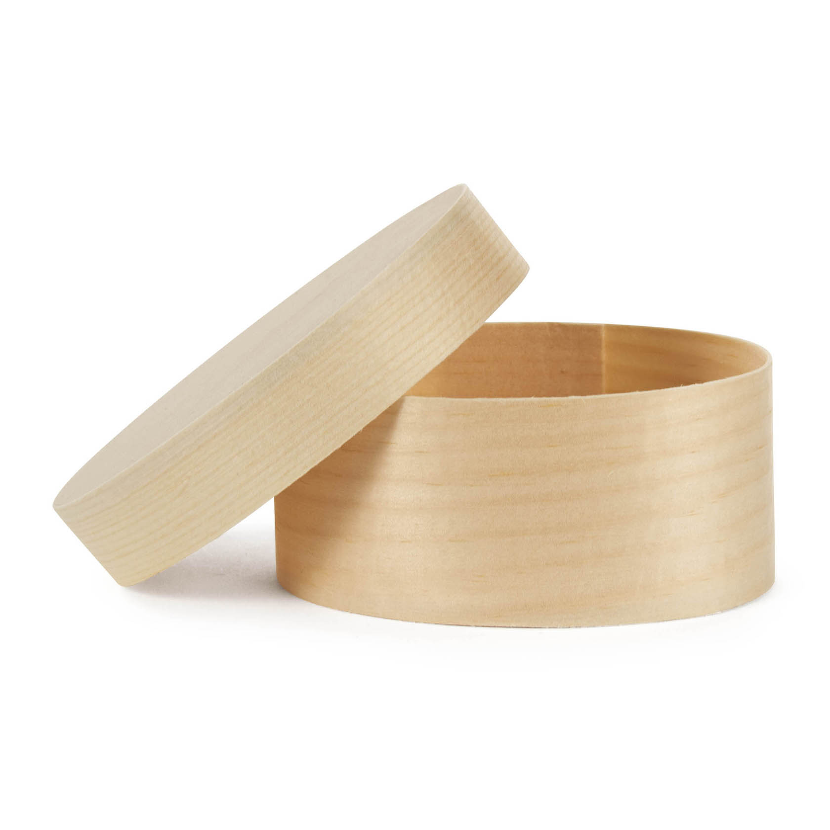 An open oval wooden chip box with a detached lid, measuring approximately 90x55x40 mm.