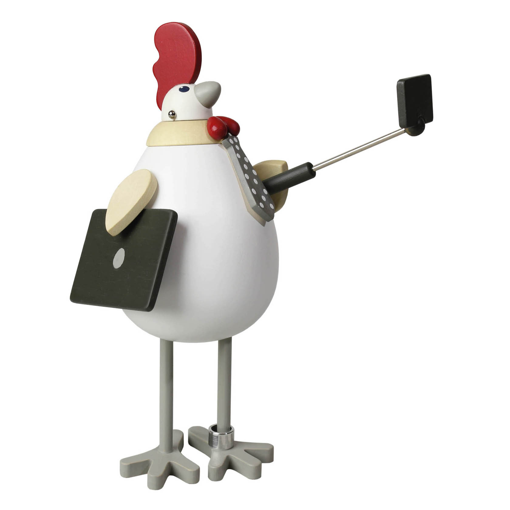 Holzfigur eines Hahns mit Krawatte. Der Hahn hält ein Smartphone an einem Selfie-Stick und ein Tablet. im Dregeno Online Shop günstig kaufen