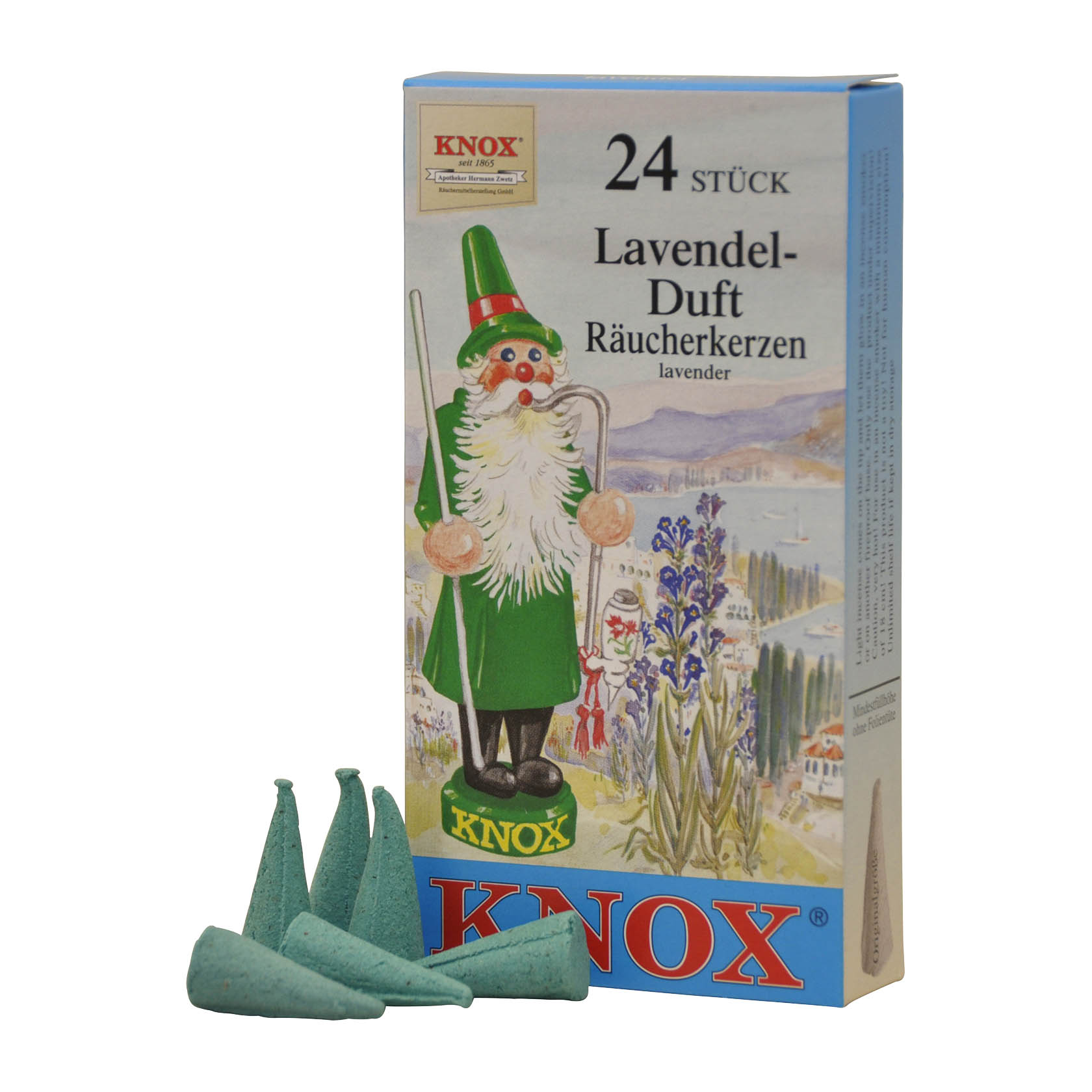 Eine Packung KNOX Räucherkerzen mit Lavendelduft, zeigt eine Illustration eines Räuchermännchens und brennende blaue Kerzen, die Rauch abgeben. im Dregeno Online Shop günstig kaufen