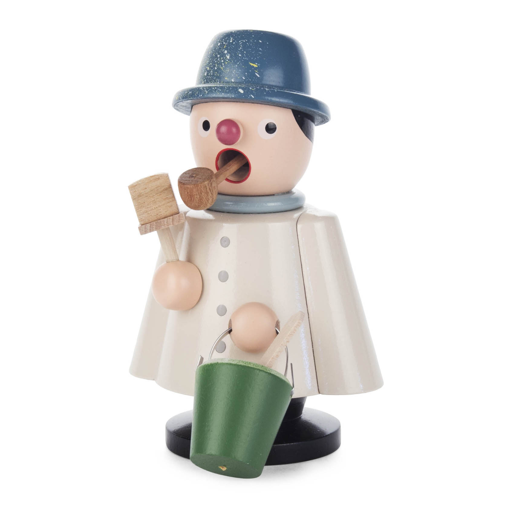 A wooden incense smoker figure of a painter, featuring a blue hat, holding a paintbrush and a small green paint bucket. im Dregeno Online Shop günstig kaufen
