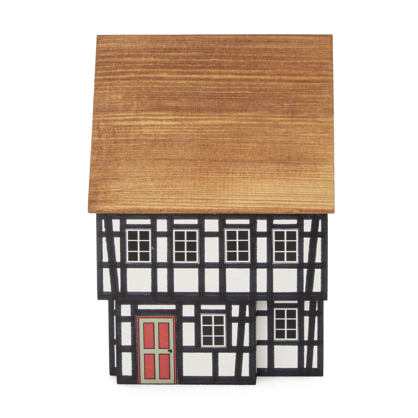 Ein zweistöckiges Bürgerhaus im Fachwerkstil mit weißen Wänden und einem dunklen Holzrahmen, sowie einer roten Tür und einem geneigten Dach. im Dregeno Online Shop günstig kaufen