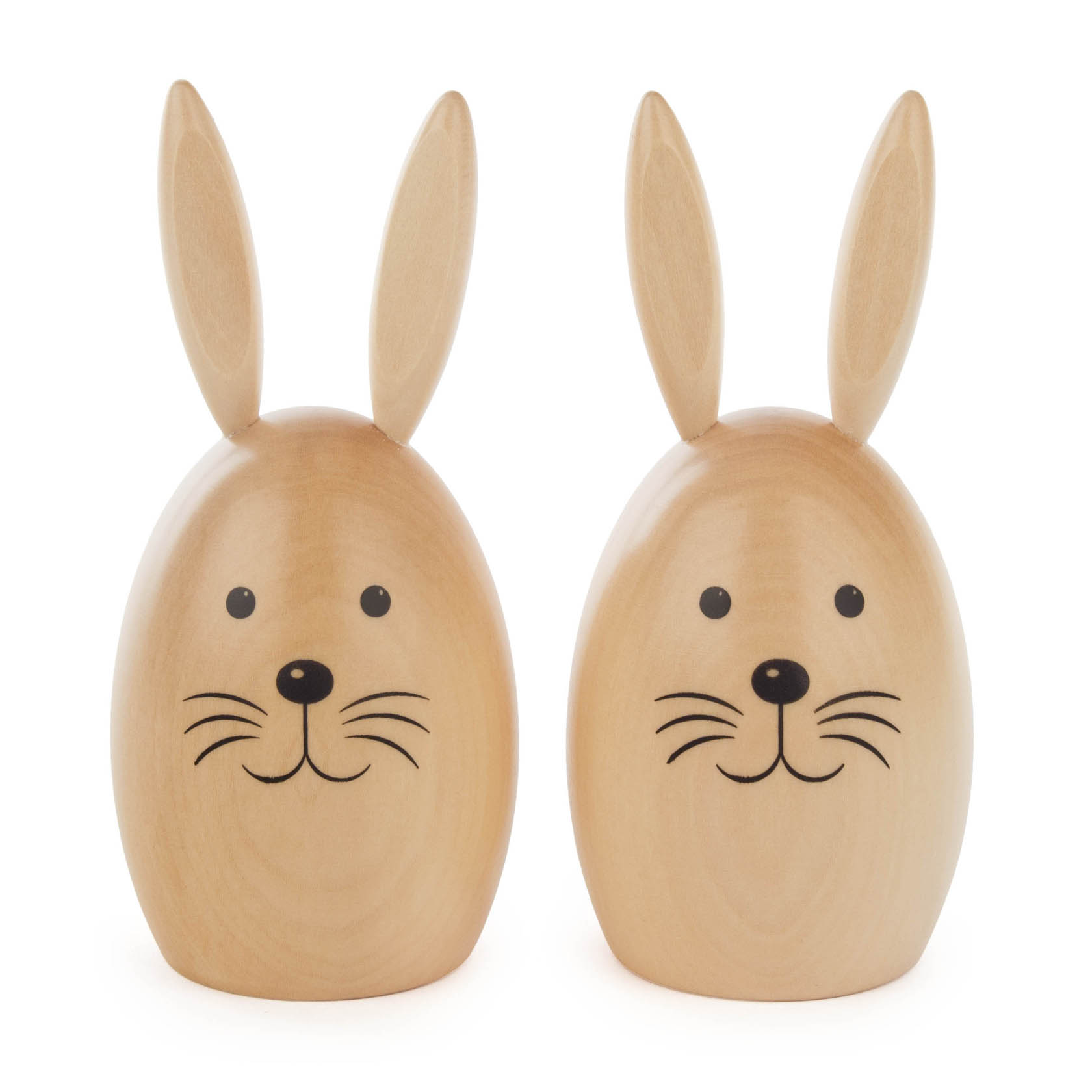 Zwei naturfarbene, große Holzhäschen mit langen Ohren und gezeichneten Gesichtern, in einem minimalistischen Stil. im Dregeno Online Shop günstig kaufen
