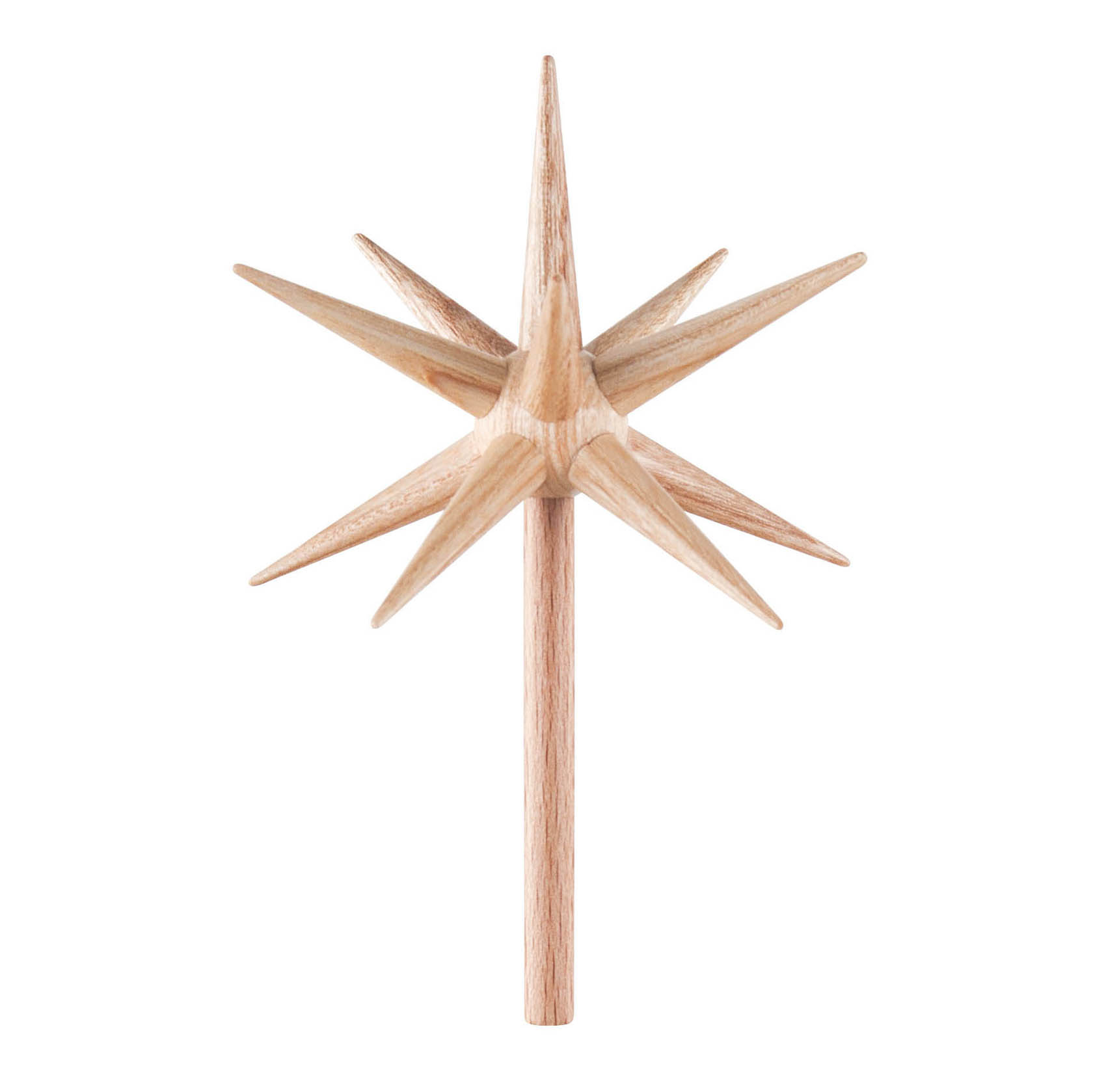 A natural wooden star with sharp pointed ends attached to a stick, designed for decorative purposes. im Dregeno Online Shop günstig kaufen