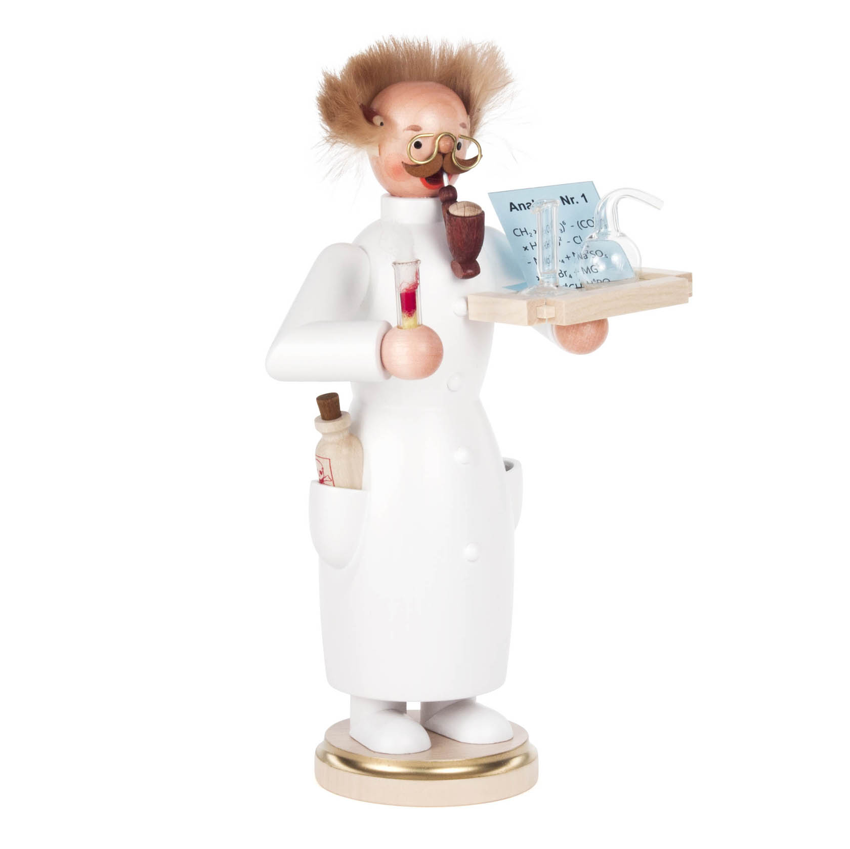Figur eines Chemikers als Räuchermann in weißem Kittel, mit Pfeife im Mund, Reagenzglas in der Hand, und Reagenzgläsern auf einem Tablett. im Dregeno Online Shop günstig kaufen