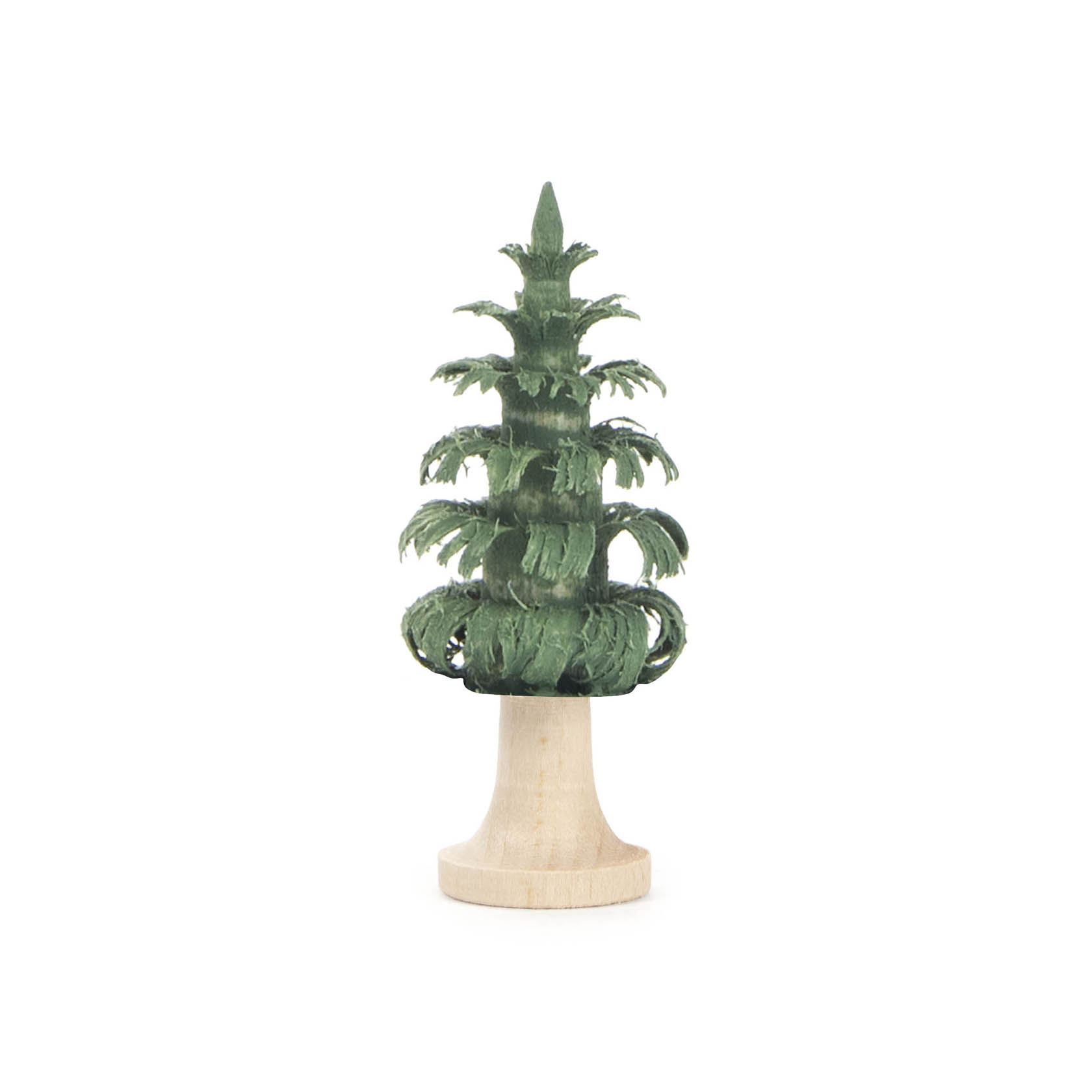 Ein kleiner grüner Ringelbaum aus Holz mit spiralförmigen, übereinander angeordneten Zweigen, montiert auf einem einfachen runden Holzsockel. im Dregeno Online Shop günstig kaufen