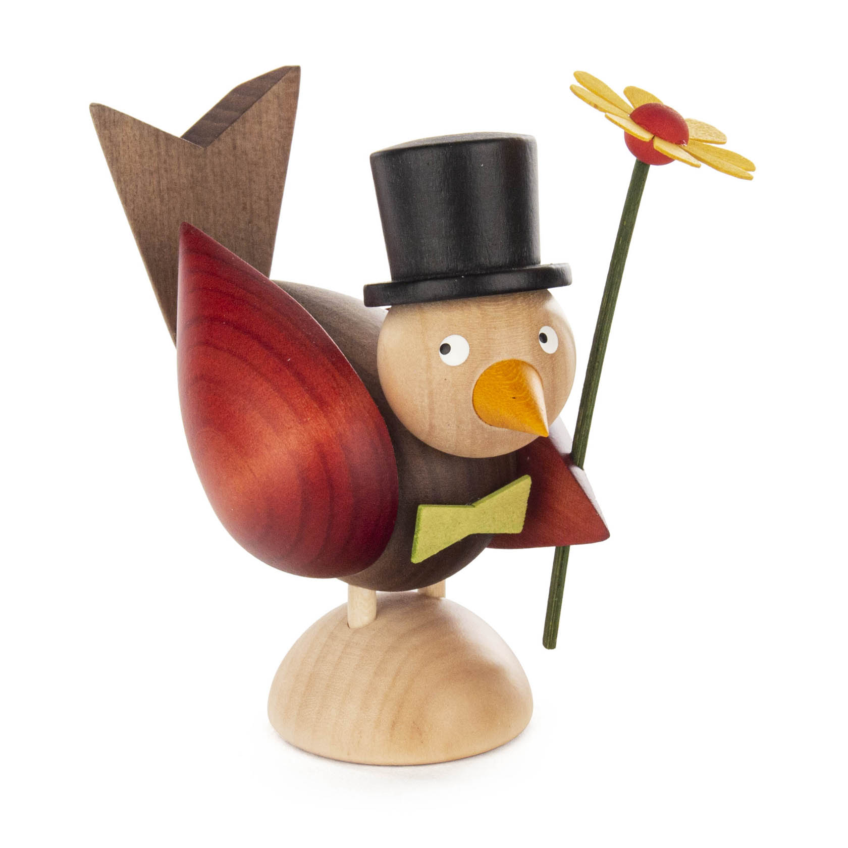 Holzfigur eines Vogels mit Zylinderhut und Fliege, der eine gelbe Blume mit rotem Zentrum hält. im Dregeno Online Shop günstig kaufen