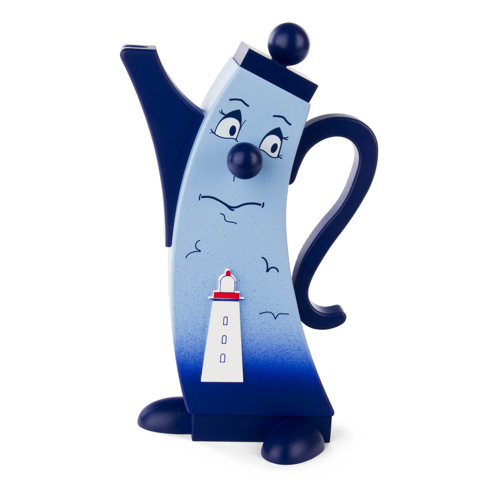 Eine blau-weiße Räucherfigur in Form einer Kanne mit Gesicht, schwarzem Griff und einem kleinen Leuchtturm an der Vorderseite. im Dregeno Online Shop günstig kaufen