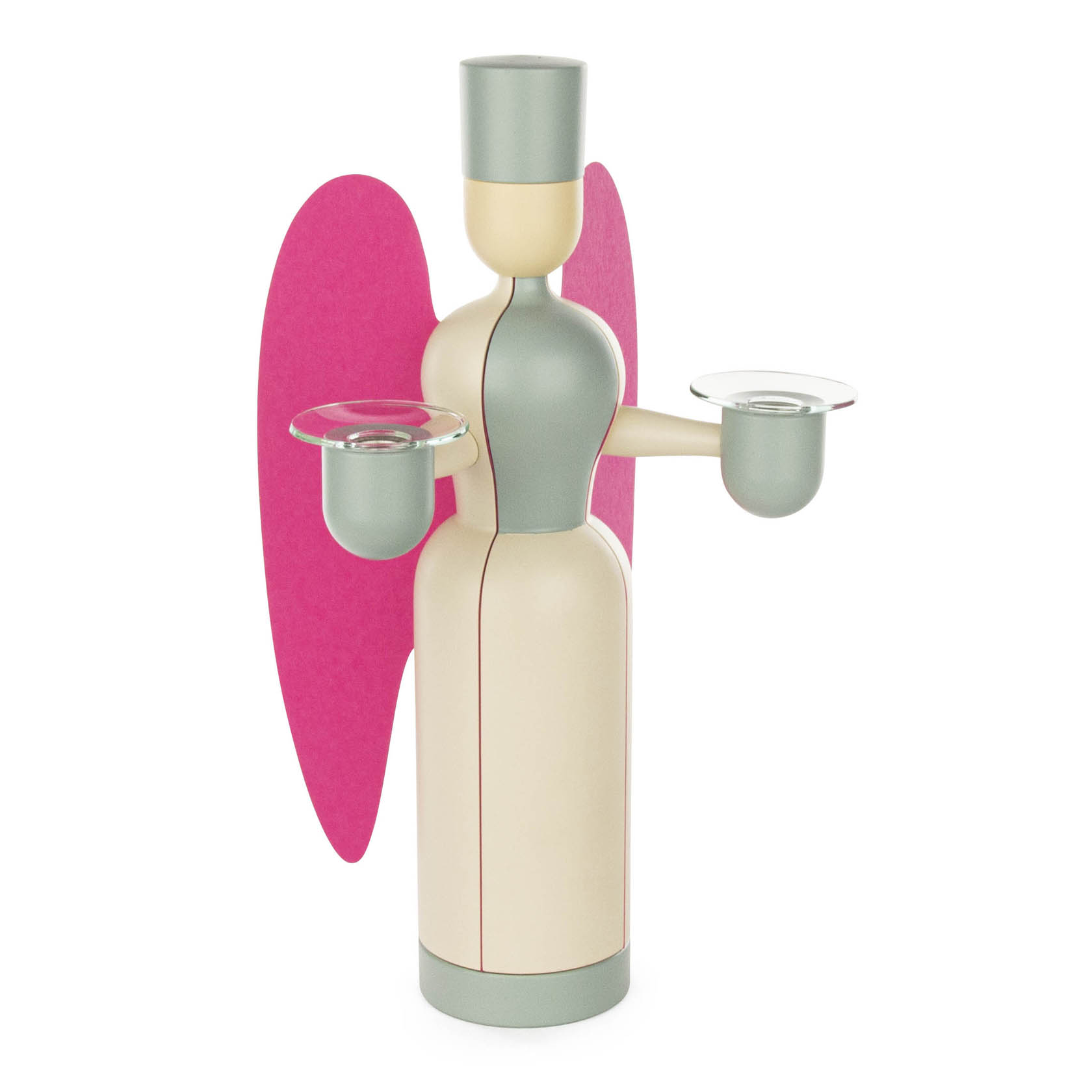 Holzengel in modernem Design mit pinken Flügeln, hält zwei Kerzenhalter für 14mm-Kerzen, steht aufrecht.