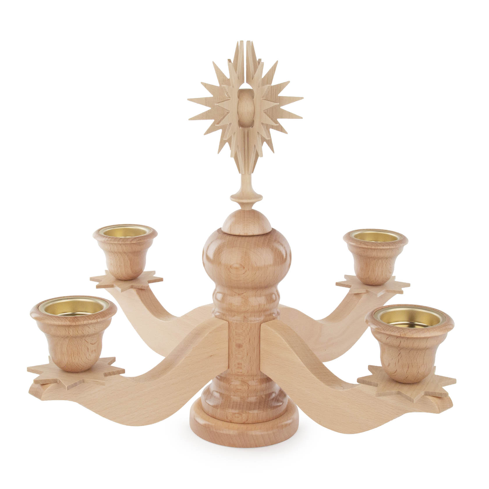 Ein großer, natürlicher Adventsleuchter aus Holz mit einem zentralen Stern und vier Armen, die Teelichthalter tragen. im Dregeno Online Shop günstig kaufen