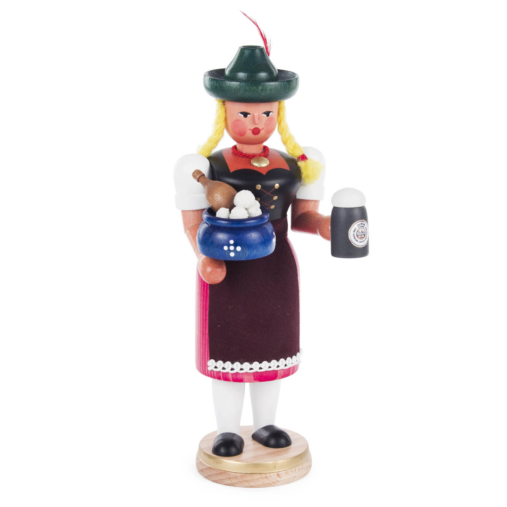 Holzfigur in traditioneller bayerischer Tracht, hält in einer Hand einen dampfenden Topf und in der anderen einen Bierkrug. im Dregeno Online Shop günstig kaufen